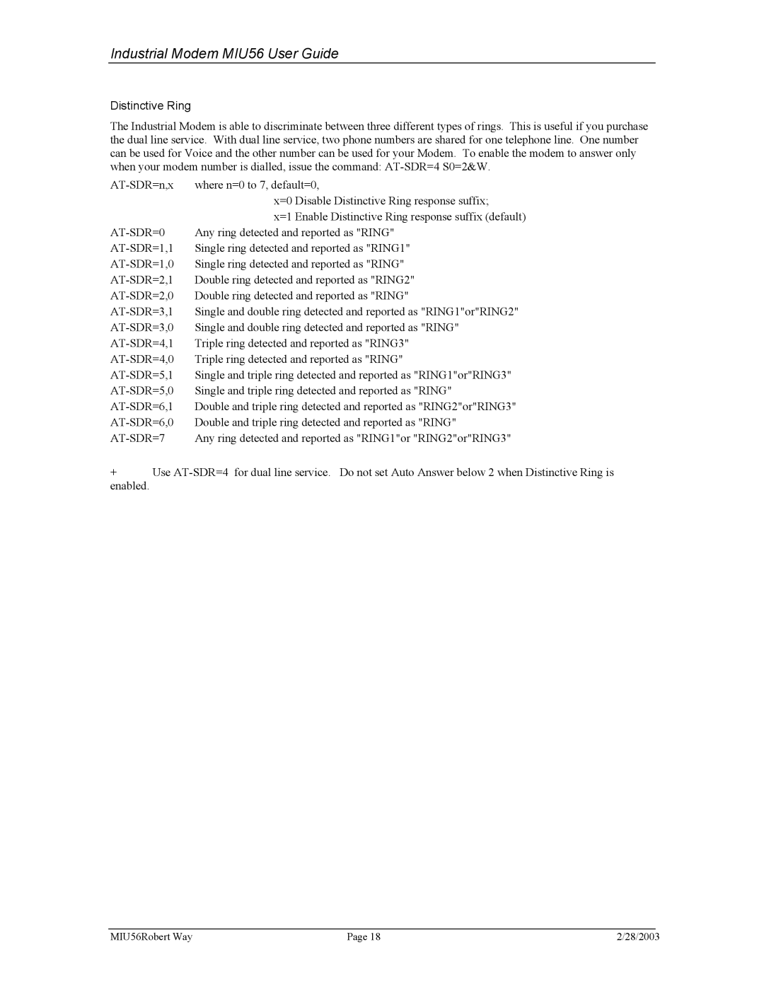 Telenetics MIU56 manual Distinctive Ring, AT-SDR=0, AT-SDR=7 