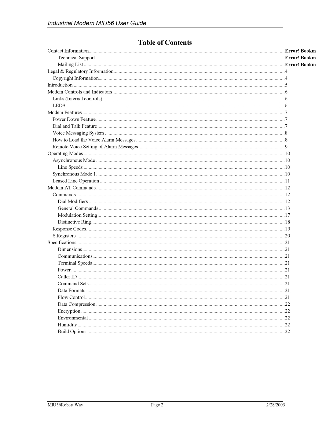 Telenetics MIU56 manual Table of Contents 