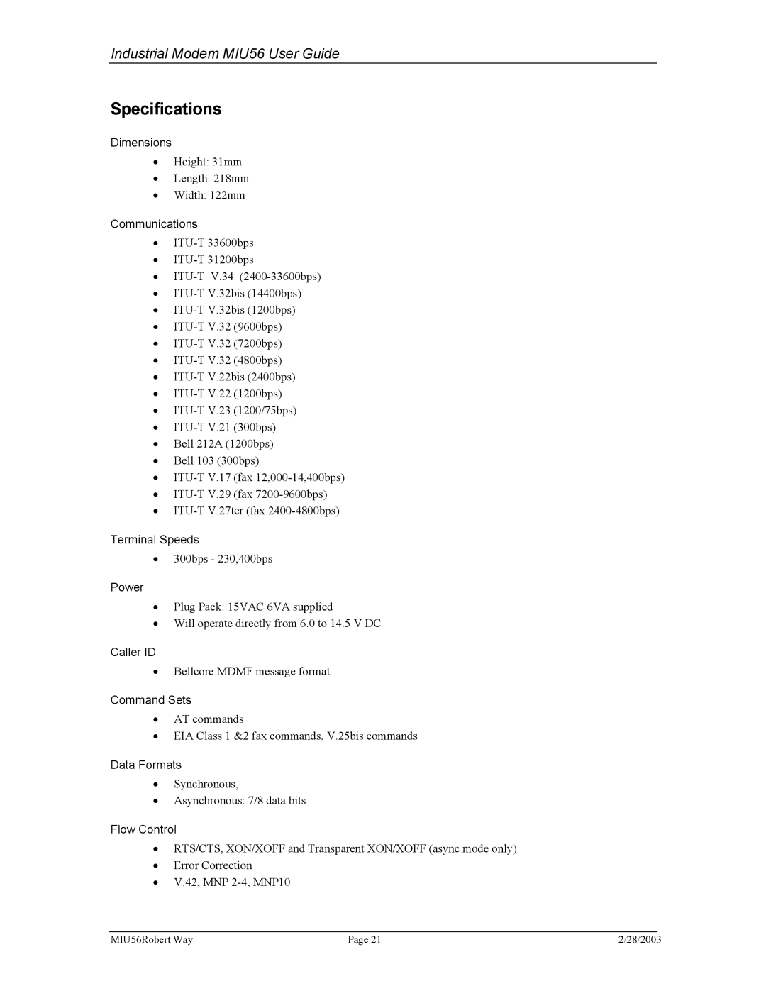 Telenetics MIU56 manual Specifications 