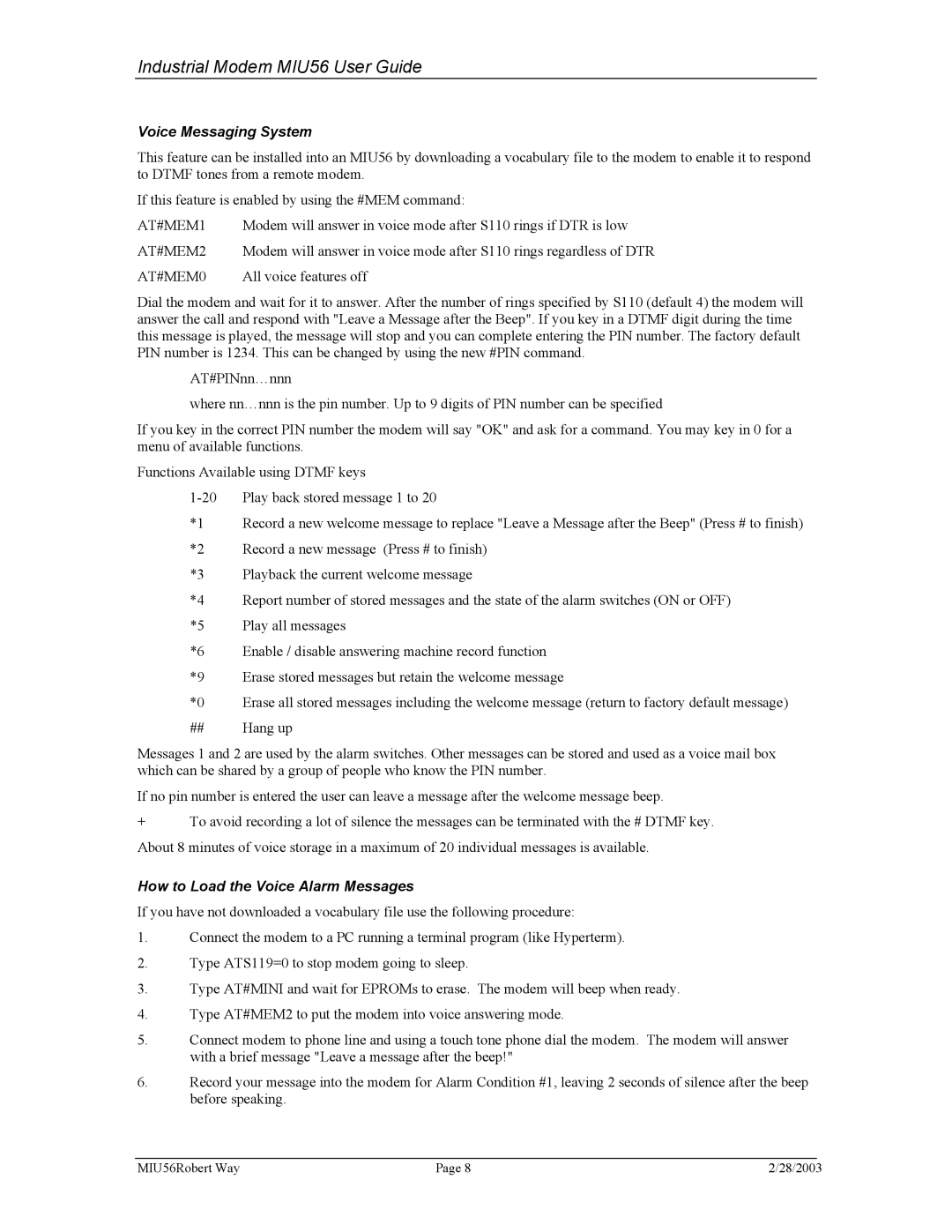 Telenetics MIU56 manual Voice Messaging System, AT#MEM1, AT#MEM2, AT#MEM0, How to Load the Voice Alarm Messages 
