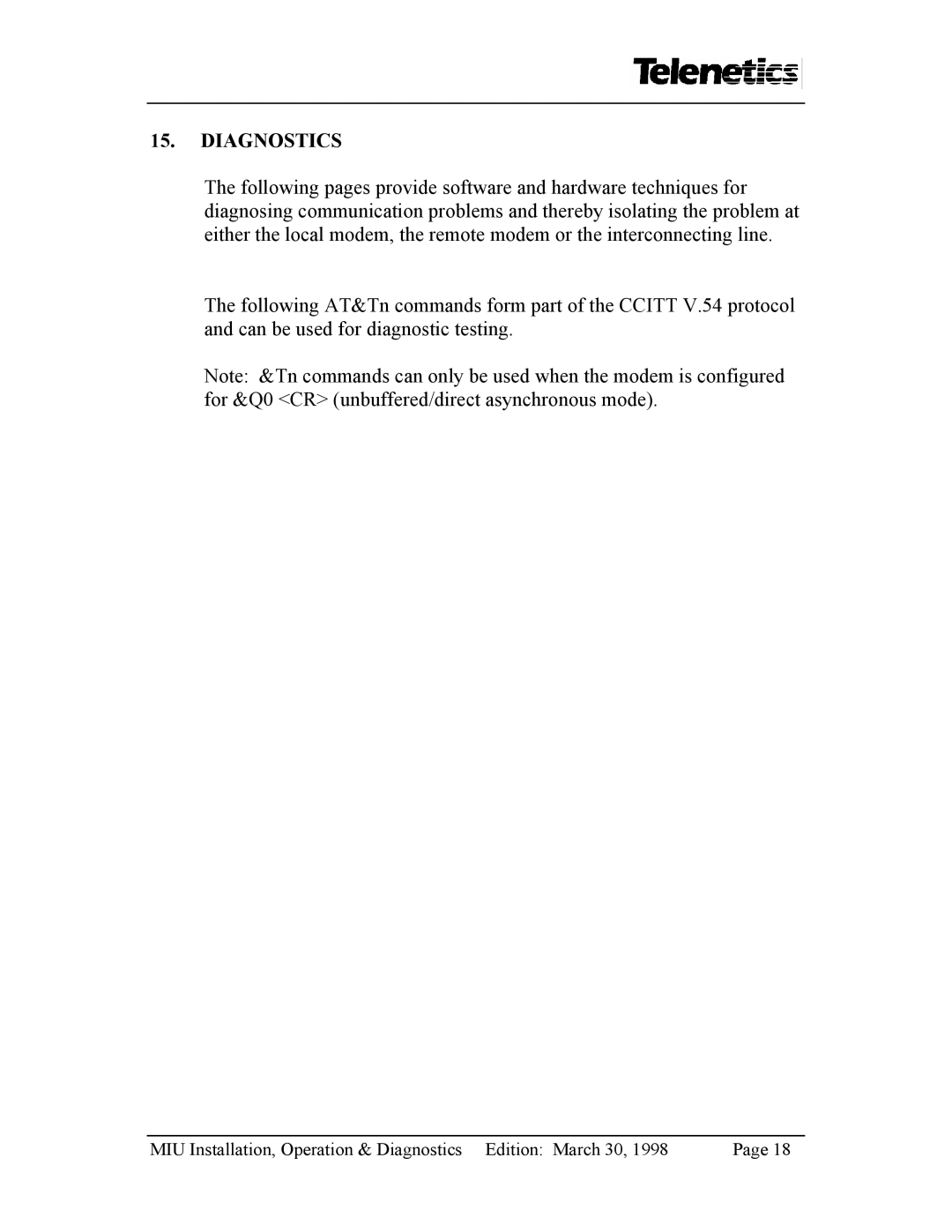 Telenetics MIU14.4, MIU9.6, MIU28.8 manual Diagnostics 