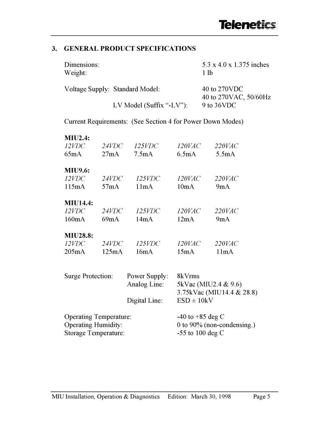 Telenetics MIU28.8, MIU9.6, MIU14.4 manual General Product Specifications 