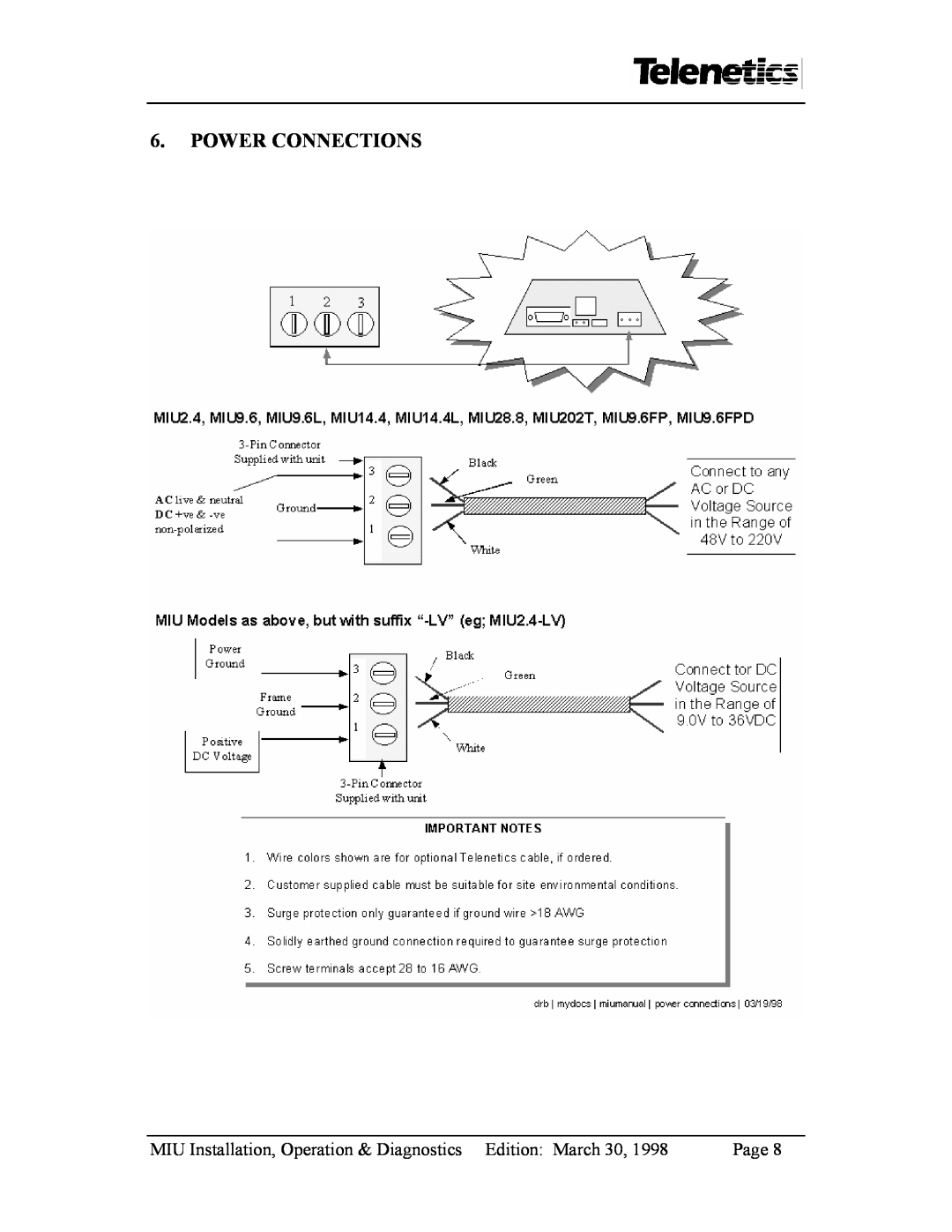 Telenetics MIU28.8, MIU9.6, MIU14.4 Power Connections, MIU Installation, Operation & Diagnostics Edition March 30, Page 