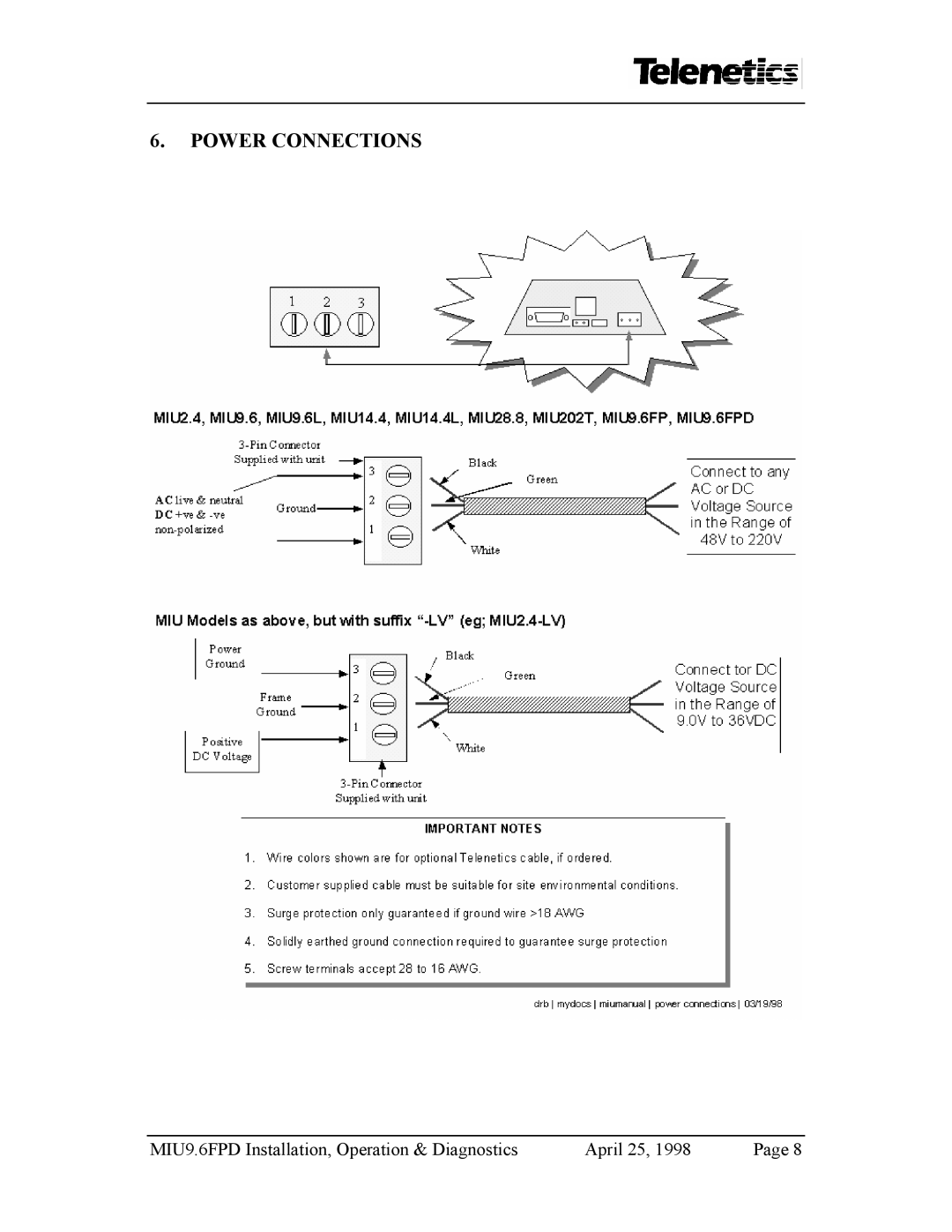 Telenetics MIU9.6FPD manual Power Connections 