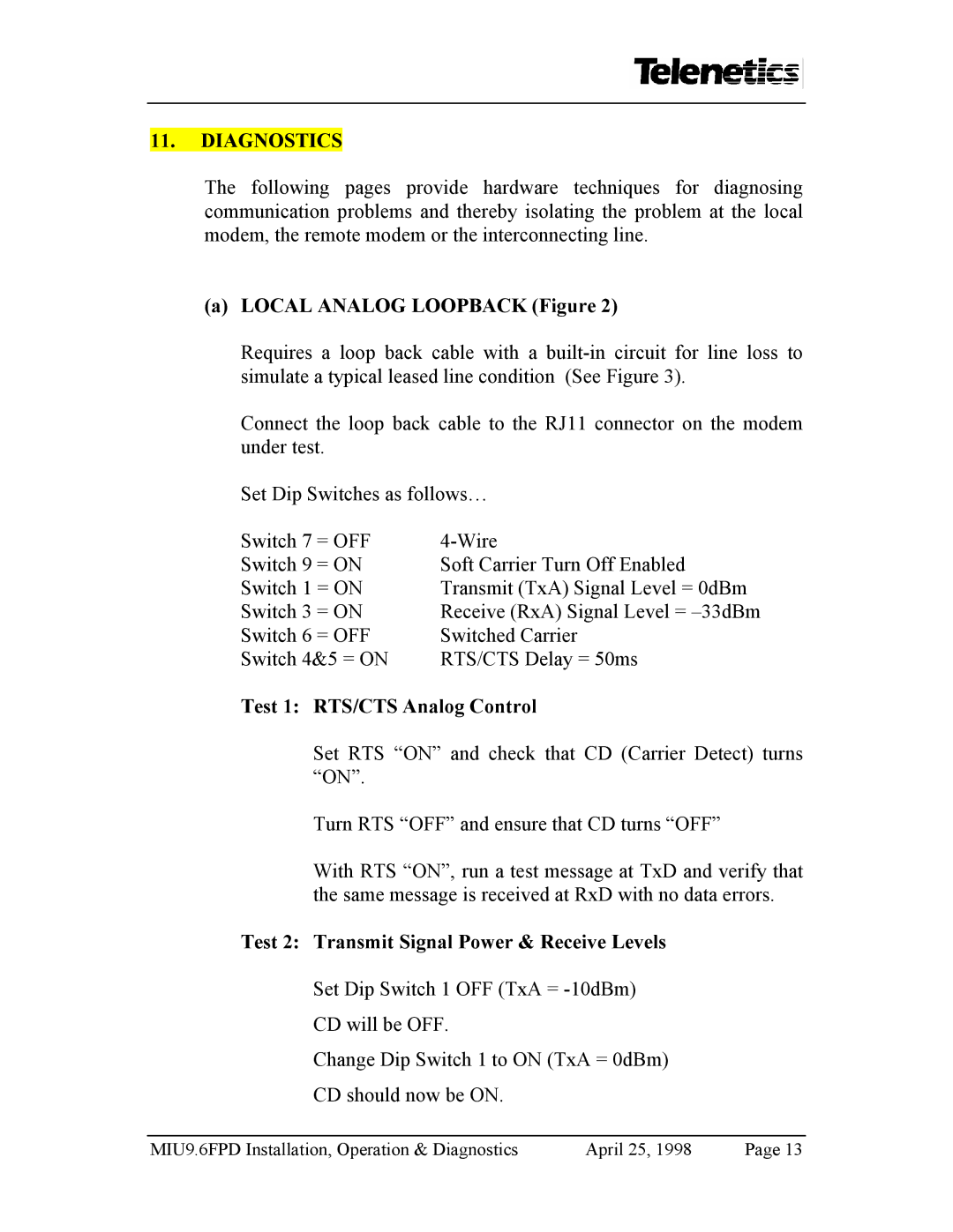 Telenetics MIU9.6FPD manual Local Analog Loopback Figure, Test 1 RTS/CTS Analog Control 