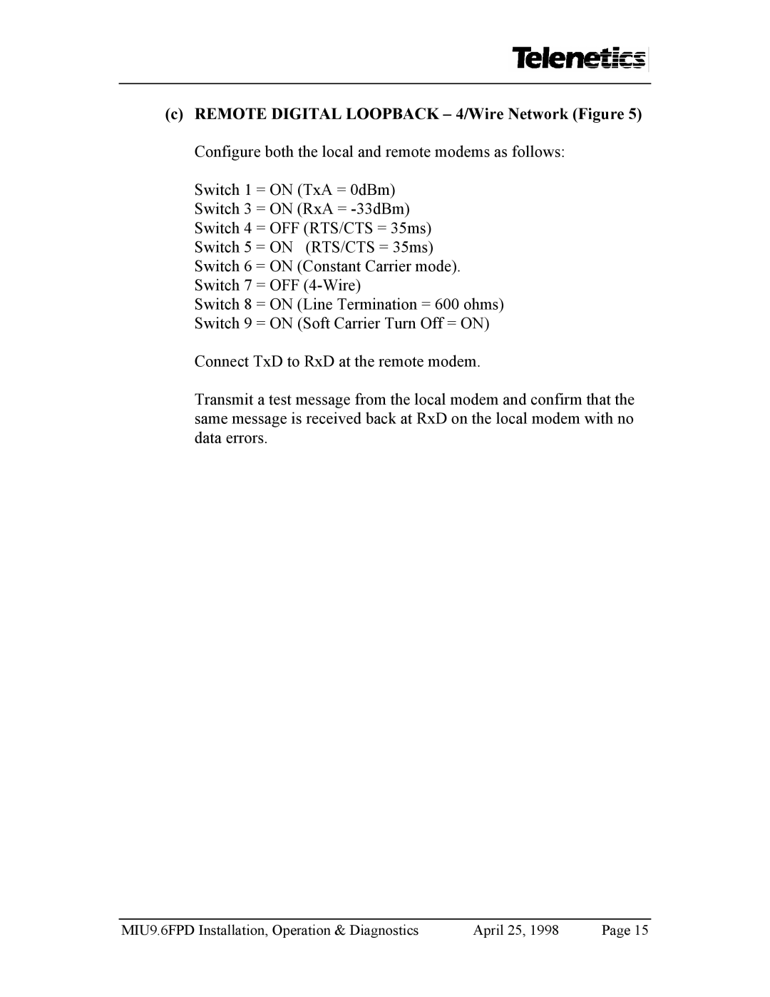 Telenetics manual MIU9.6FPD Installation, Operation & Diagnostics April 25 