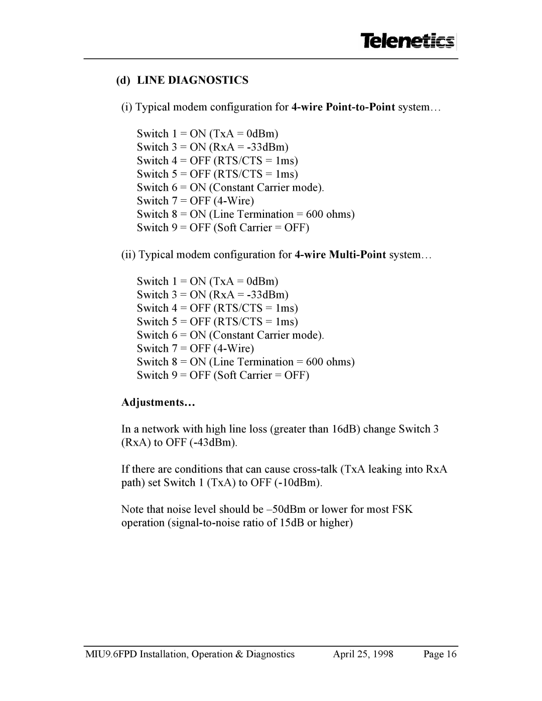 Telenetics MIU9.6FPD manual Line Diagnostics, Adjustments… 