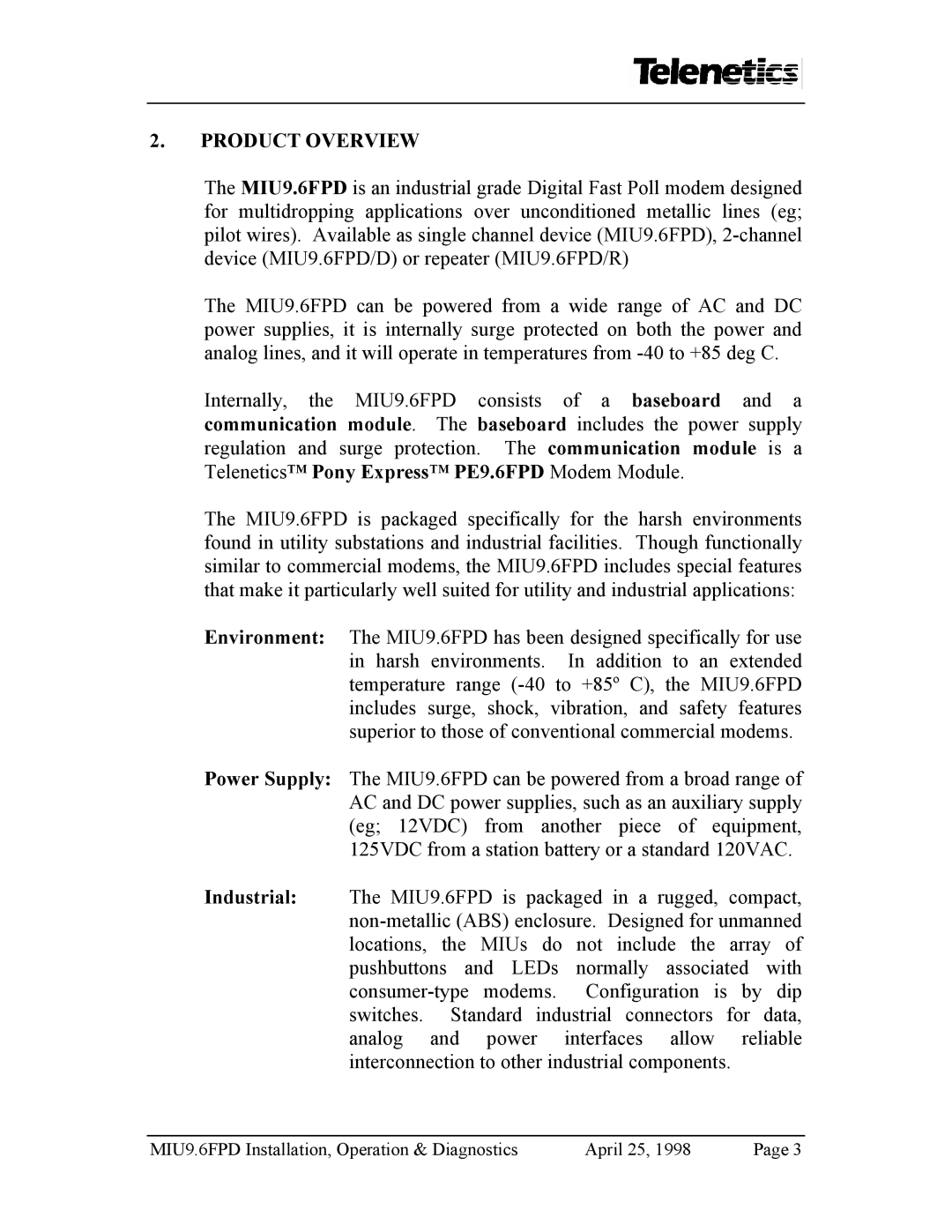 Telenetics MIU9.6FPD manual Product Overview 