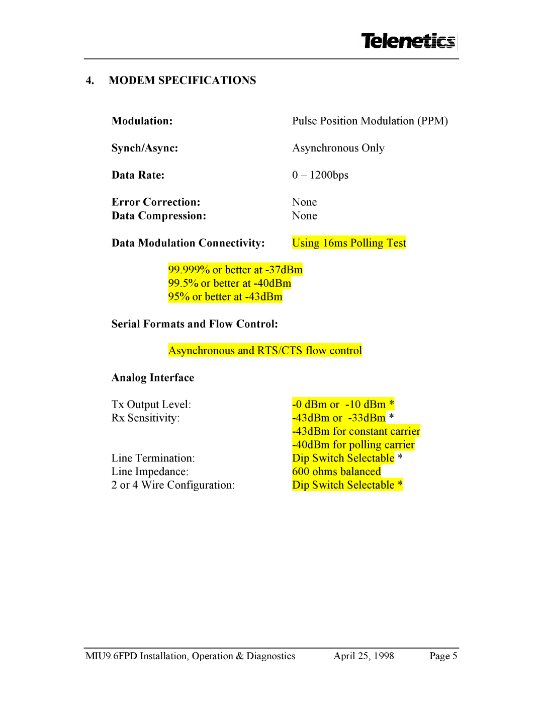 Telenetics MIU9.6FPD manual Serial Formats and Flow Control, Analog Interface 