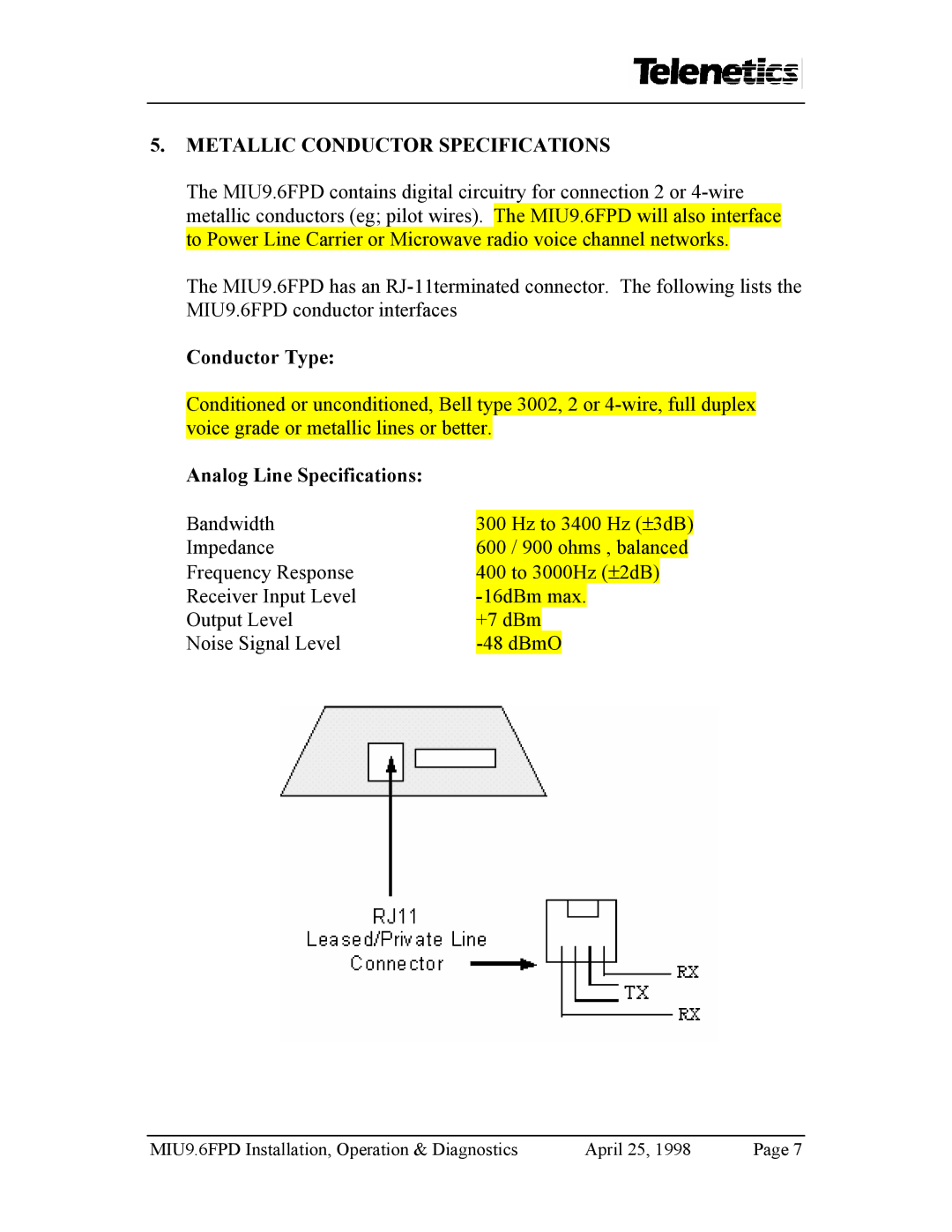 Telenetics MIU9.6FPD manual Conductor Type, Analog Line Specifications 