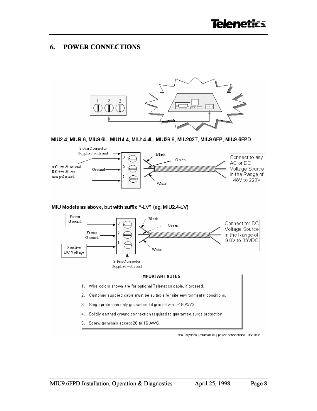 Telenetics manual Power Connections, MIU9.6FPD Installation, Operation & Diagnostics, April 25, Page 