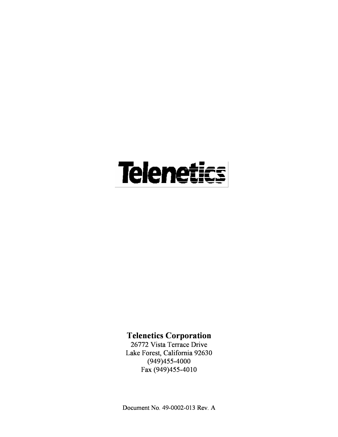 Telenetics MIU9.6FPD manual Telenetics Corporation, Vista Terrace Drive Lake Forest, California 949455-4000 Fax 