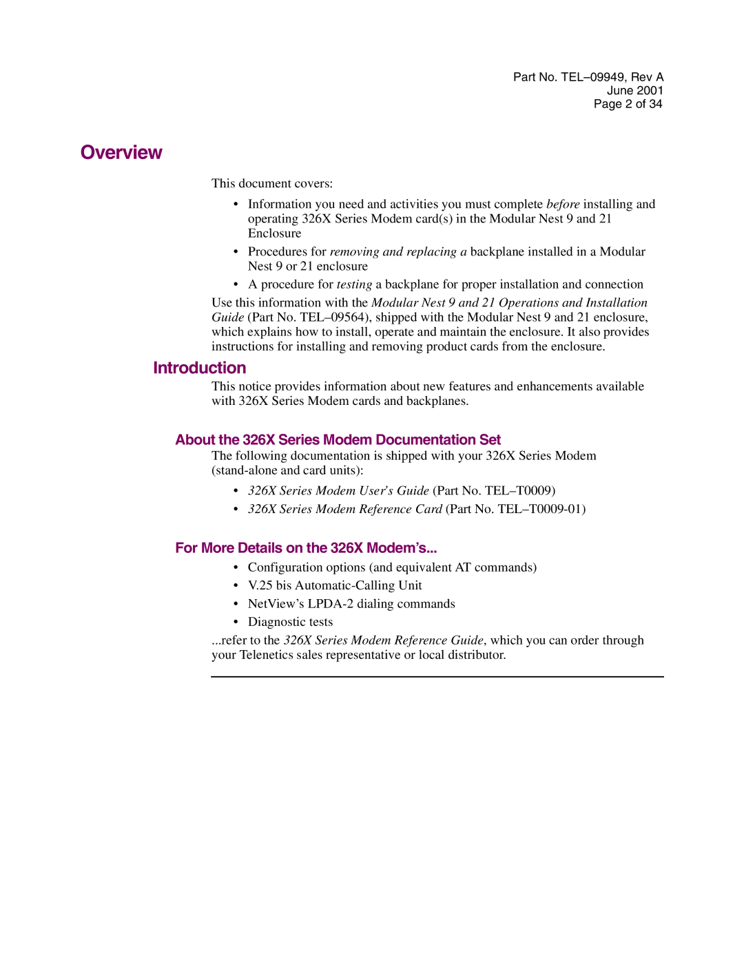 Telenetics Modular Nest Introduction, About the 326X Series Modem Documentation Set, For More Details on the 326X Modem’s 