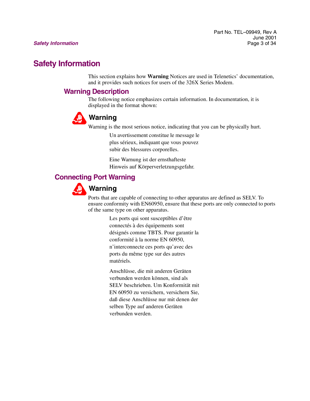 Telenetics Modular Nest manual Safety Information, Connecting Port Warning 