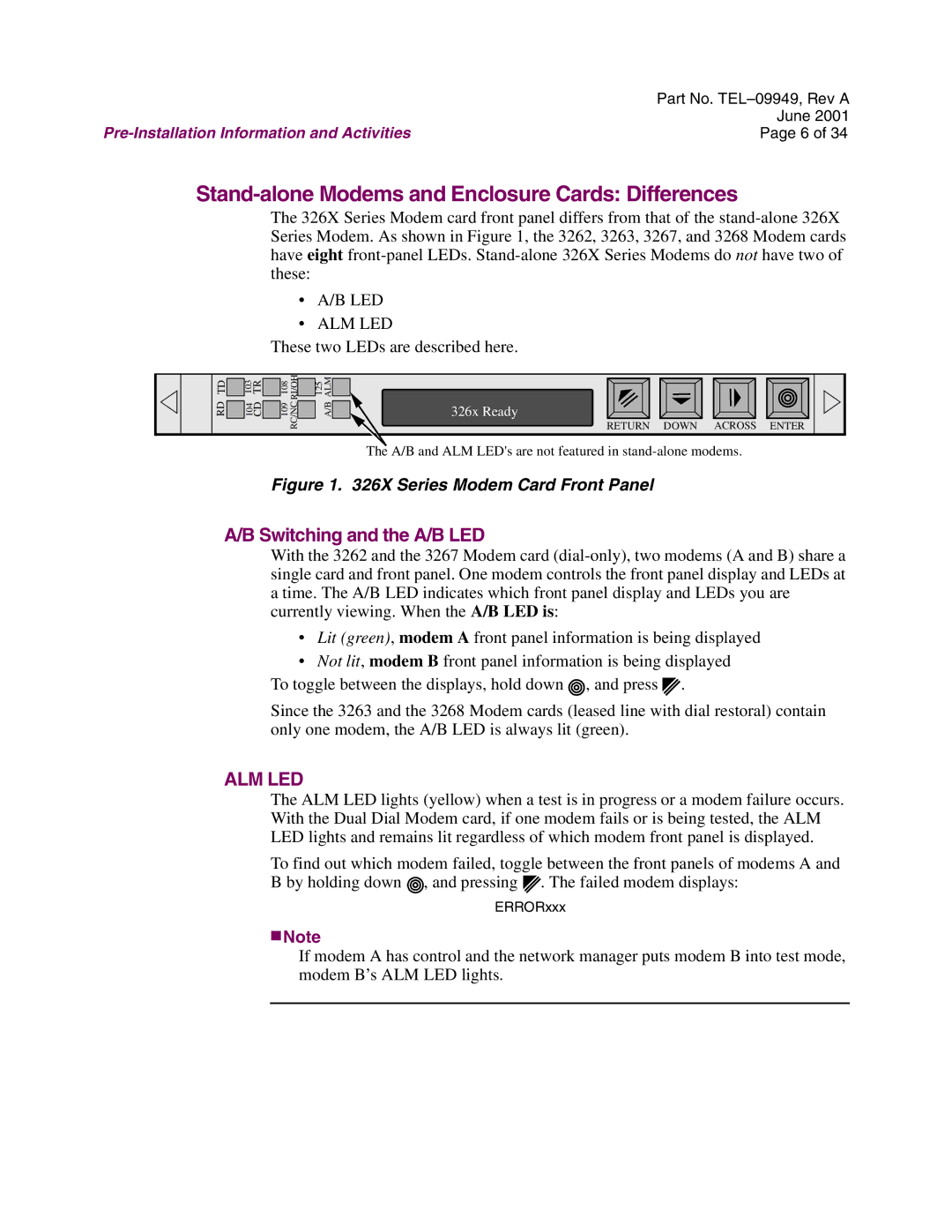 Telenetics Modular Nest manual Stand-alone Modems and Enclosure Cards Differences, Switching and the A/B LED 