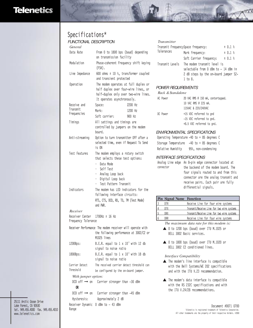 Telenetics MOT202T Functional Description, Power Requirements, Environmental Specifications, Interface Specifications 