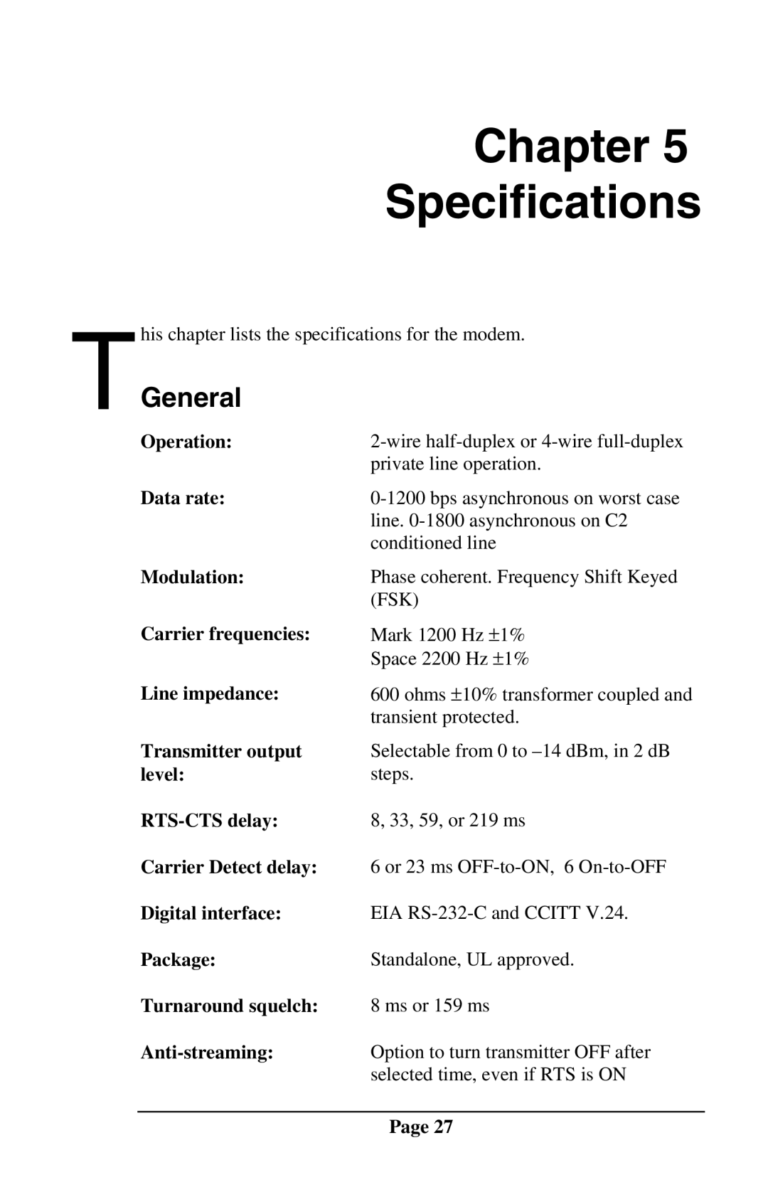 Telenetics MOT202TSA, MOT202TRM manual Chapter Specifications, TGeneral 