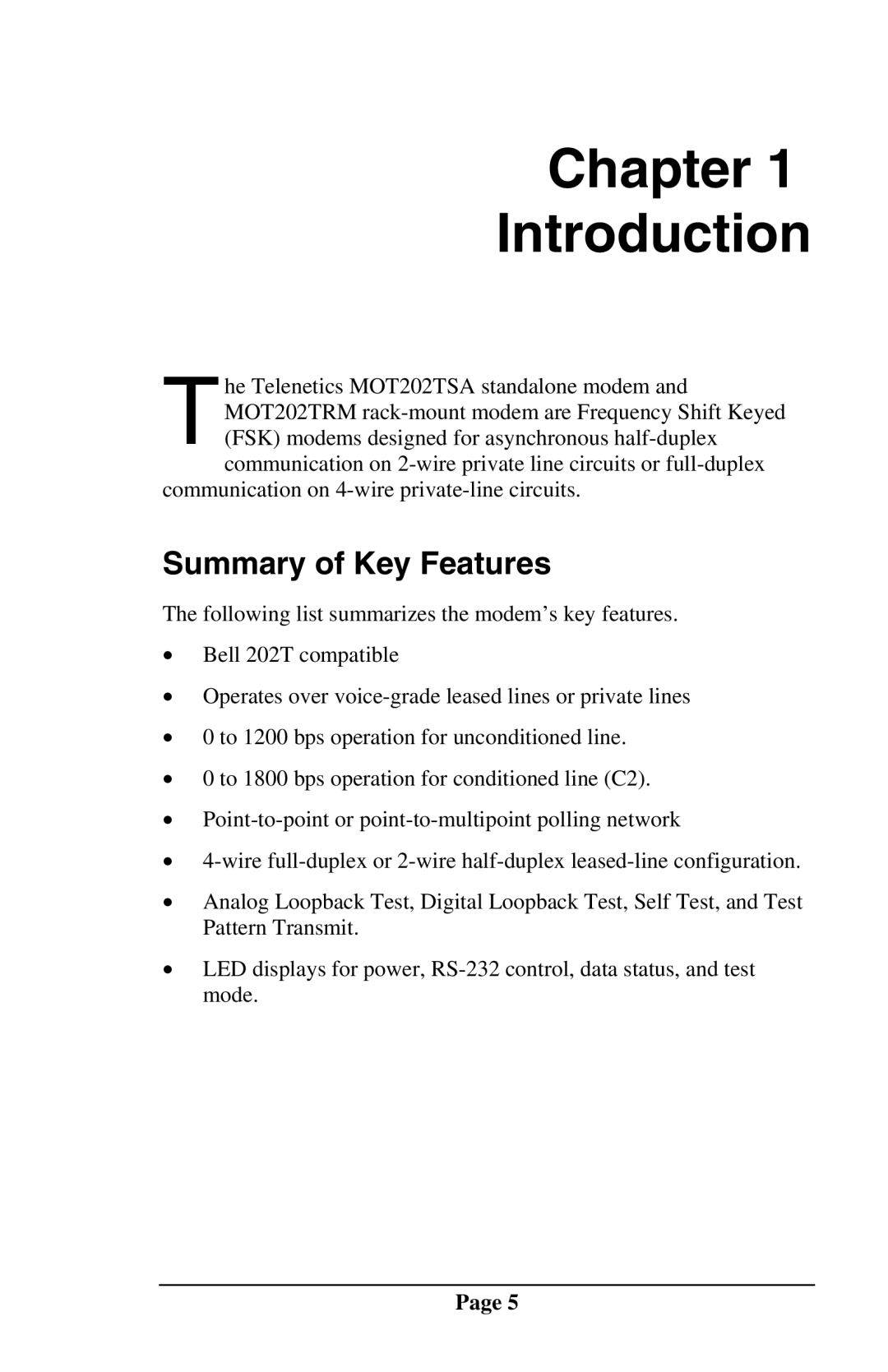 Telenetics MOT202TSA, MOT202TRM manual Chapter Introduction, Summary of Key Features 