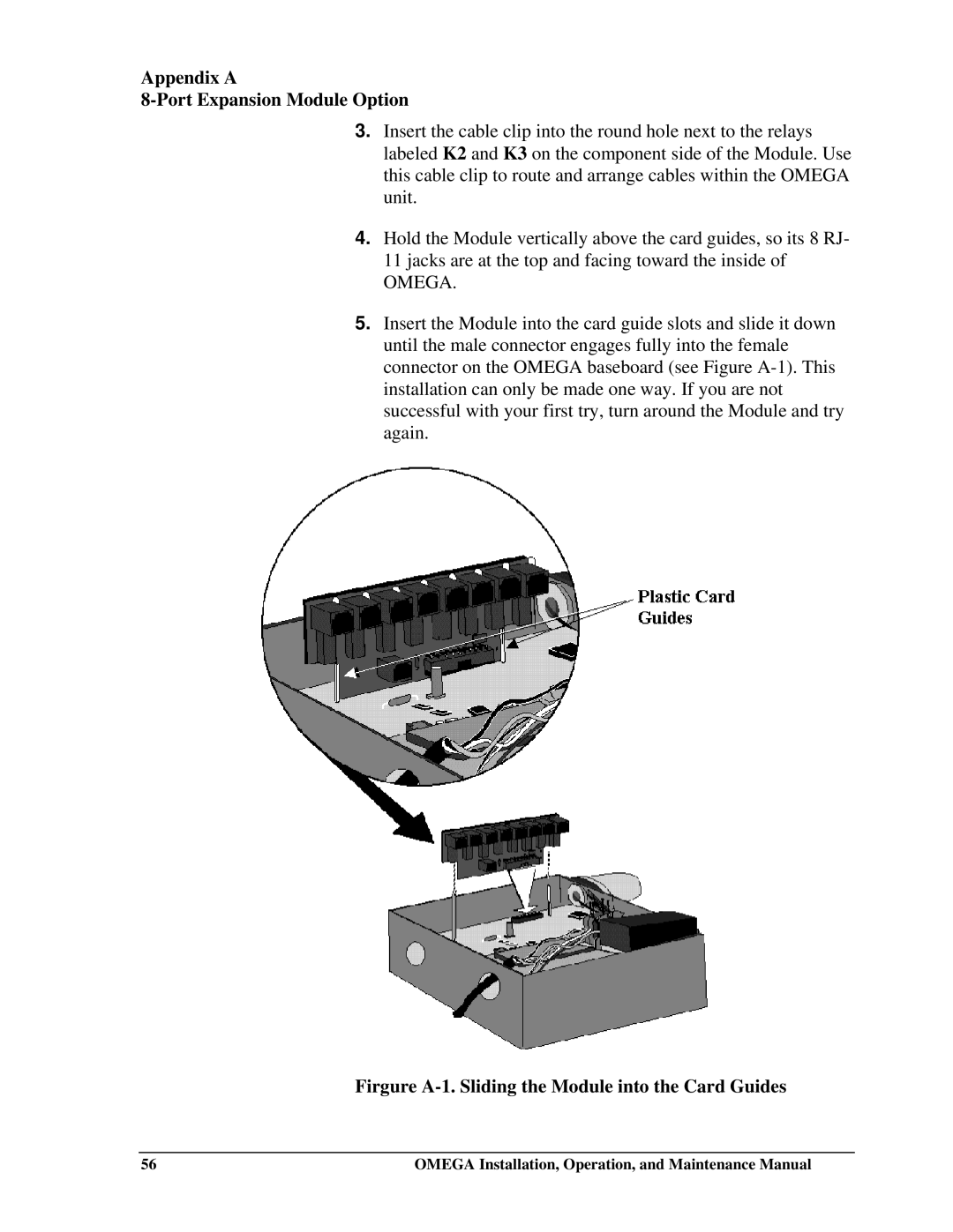 Telenetics OM-AMPS-100 manual Firgure A-1. Sliding the Module into the Card Guides 