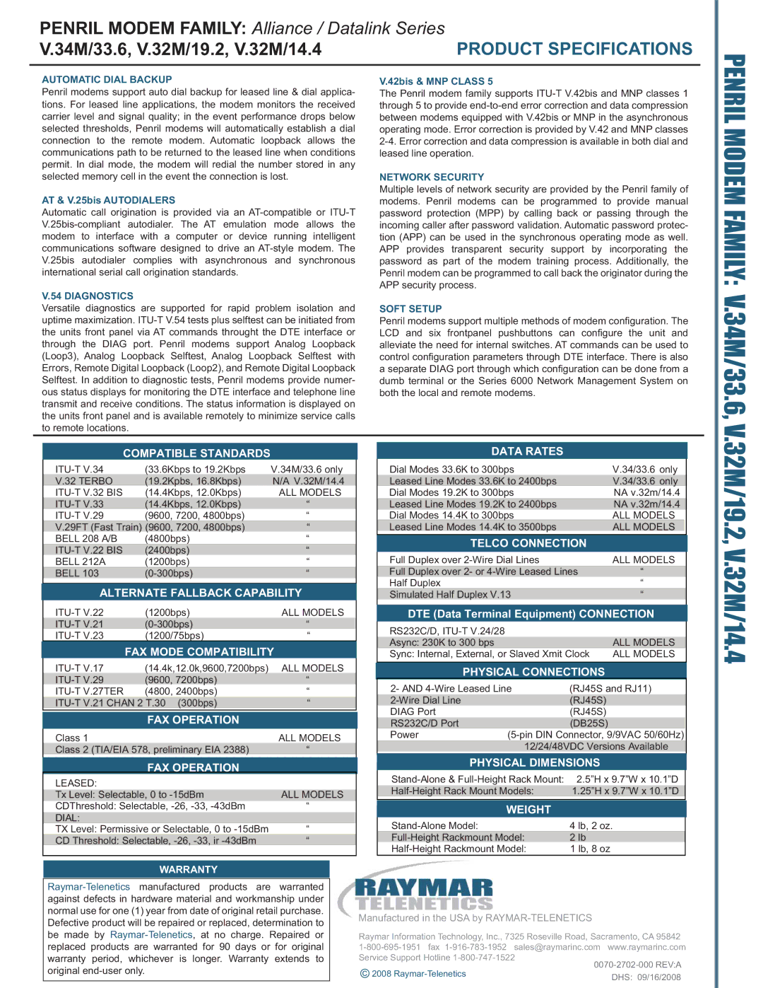 Telenetics V.34M/33.6 Compatible Standards, Alternate Fallback Capability, FAX Mode Compatibility, FAX Operation, Weight 