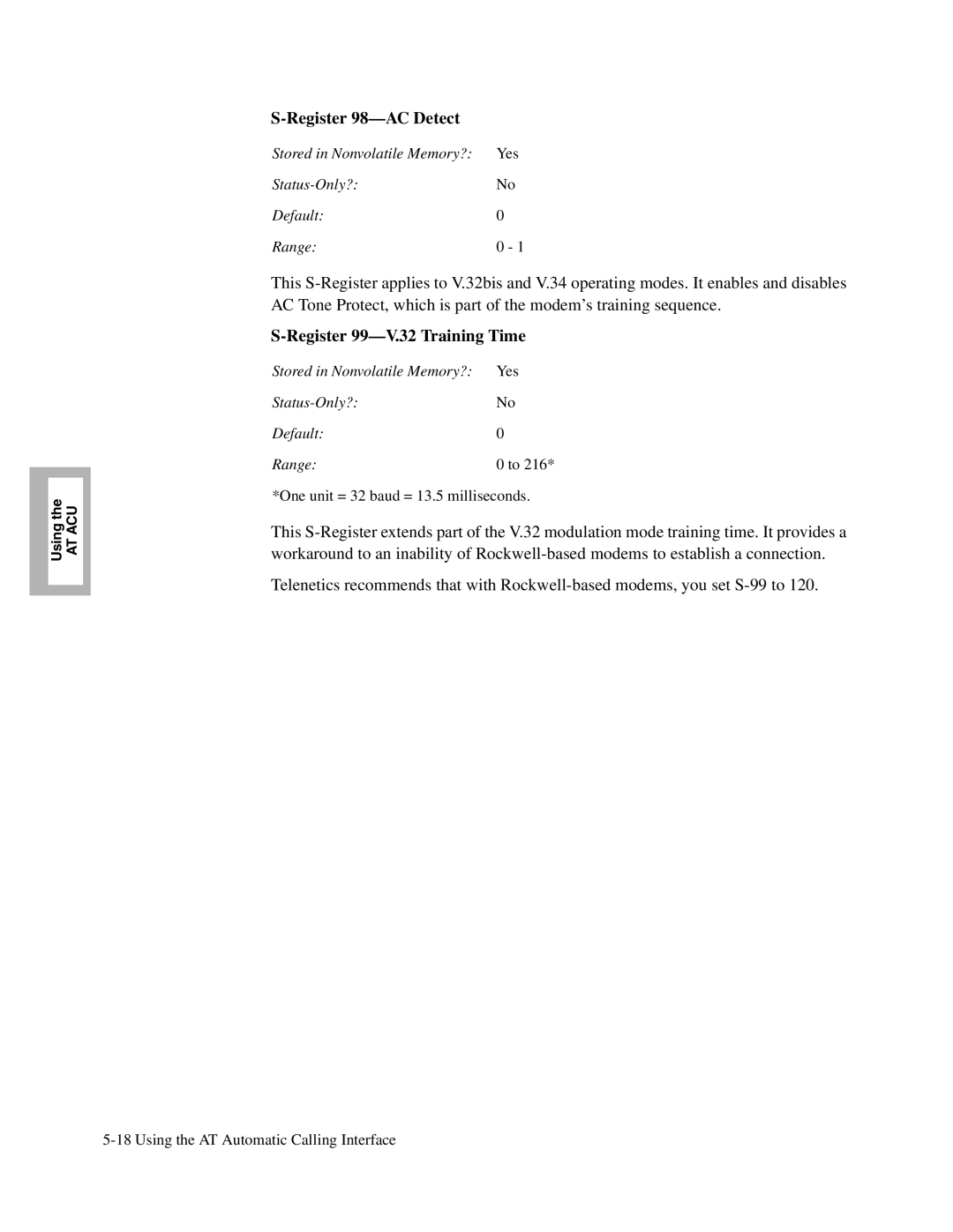 Telenetics V.32bis Series, V.34-SDC, 326X V.34 manual Register 98-AC Detect, Register 99-V.32 Training Time 