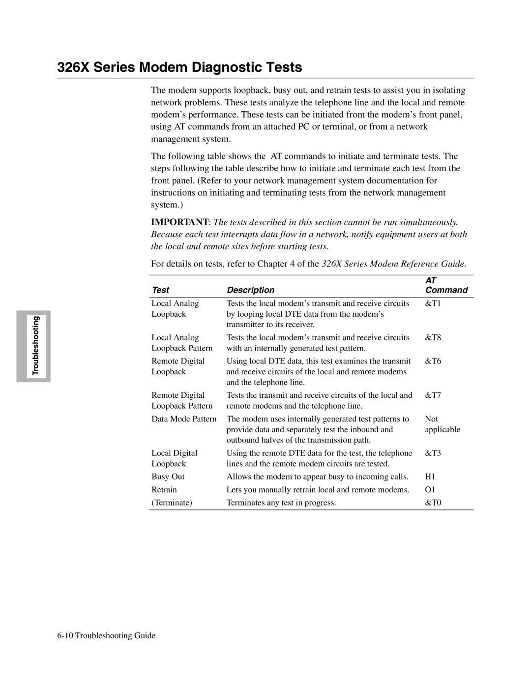 Telenetics V.34-SDC, 326X V.34, V.32bis Series manual 326X Series Modem Diagnostic Tests, Test Description Command 