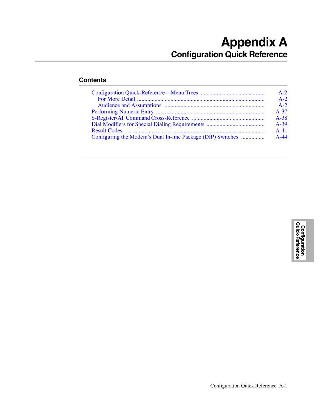 Telenetics V.34-SDC, 326X V.34, V.32bis Series manual Appendix a, Configuration Quick Reference 