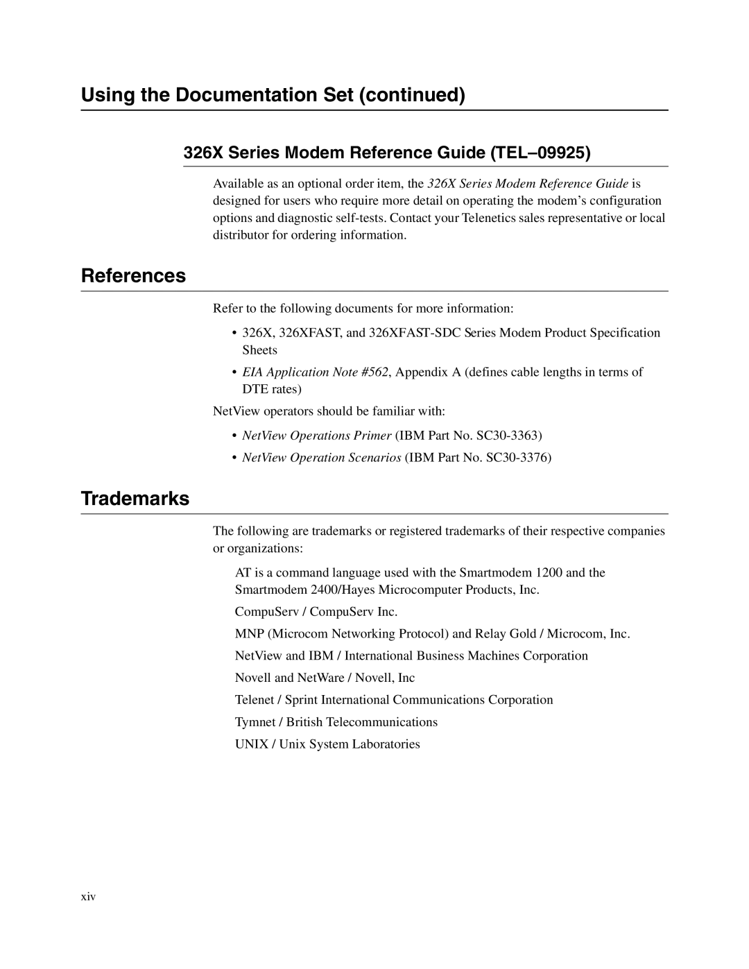 Telenetics V.32bis Series, V.34-SDC, 326X V.34 manual References, Trademarks, 326X Series Modem Reference Guide TEL-09925 