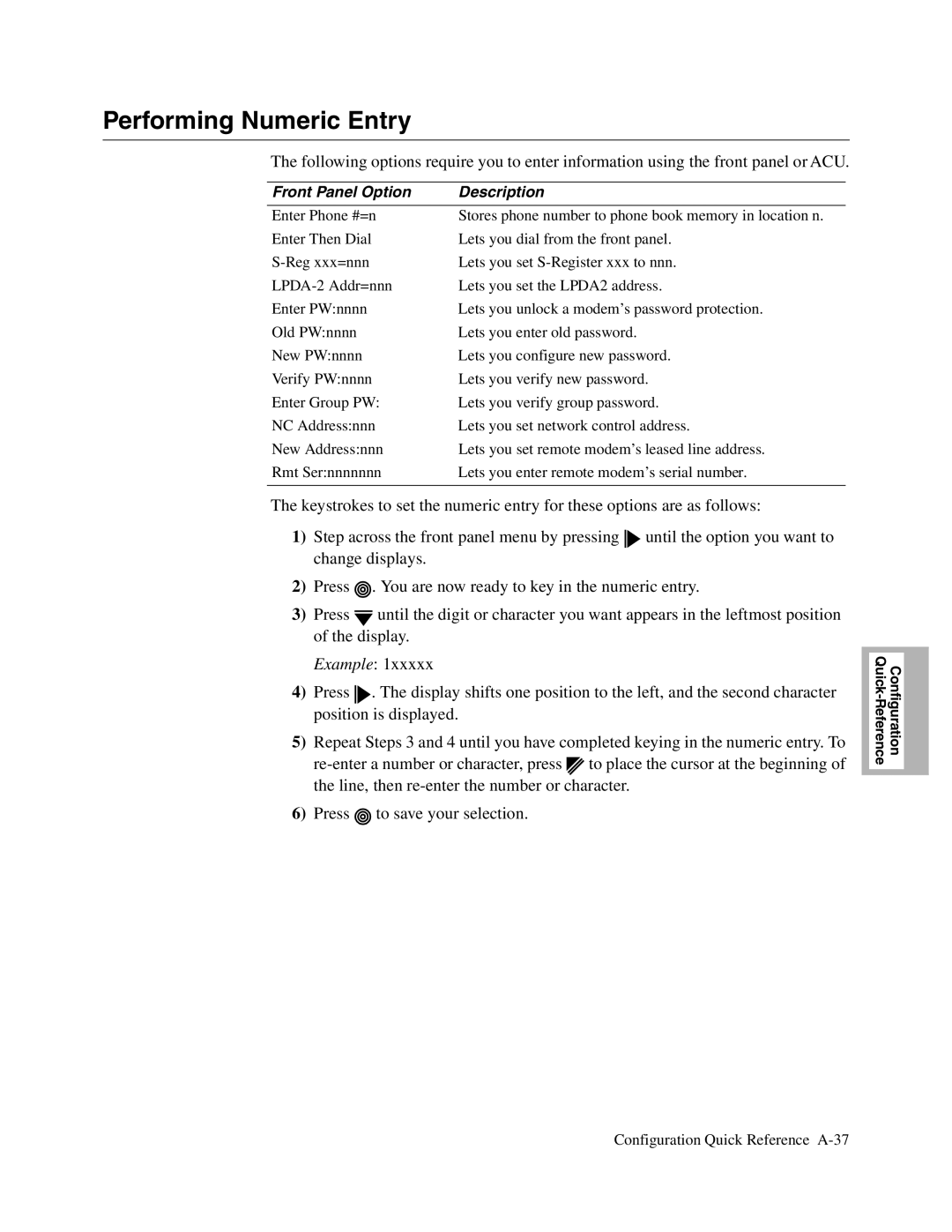 Telenetics V.34-SDC, 326X V.34, V.32bis Series manual Performing Numeric Entry, Front Panel Option Description 