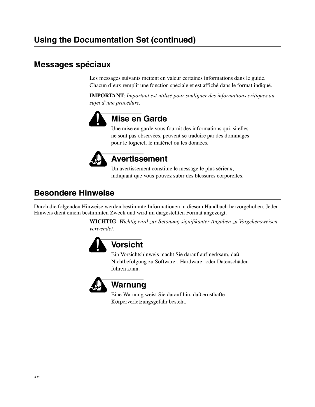 Telenetics 326X V.34 manual Using the Documentation Set Messages spéciaux, Mise en Garde, Avertissement, Besondere Hinweise 