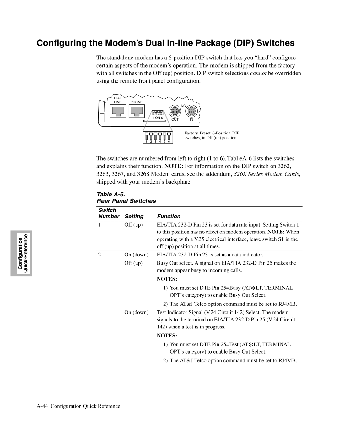 Telenetics 326X V.34, V.34-SDC Configuring the Modem’s Dual In-line Package DIP Switches, Table A-6 Rear Panel Switches 