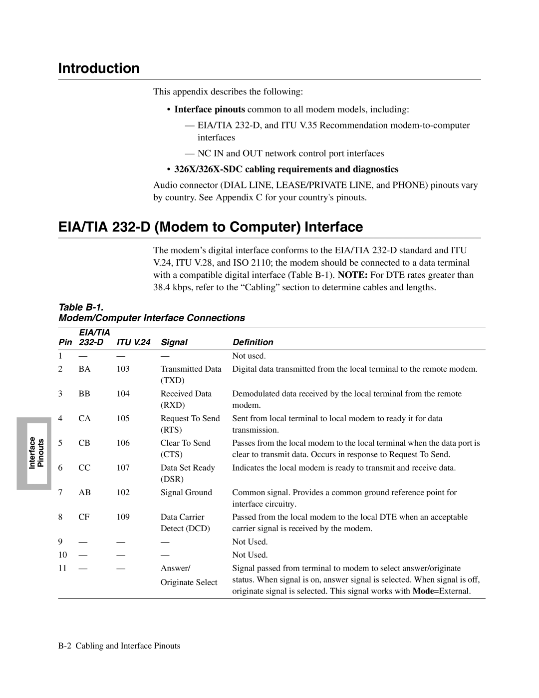 Telenetics V.32bis Series EIA/TIA 232-D Modem to Computer Interface, 326X/326X-SDC cabling requirements and diagnostics 