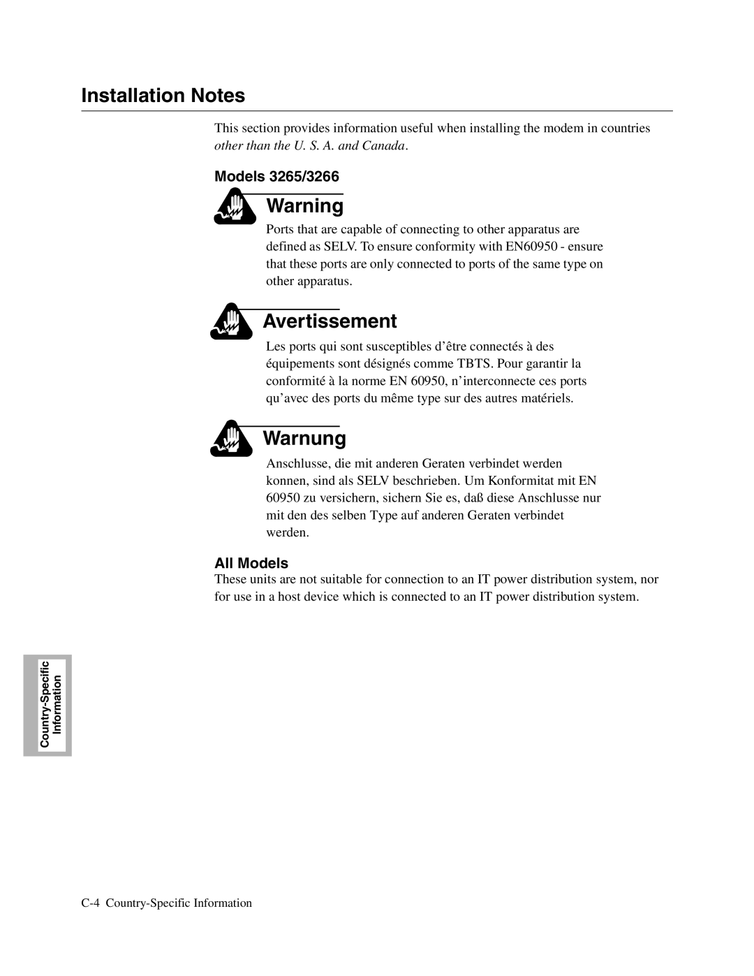 Telenetics 326X V.34, V.34-SDC, V.32bis Series manual Installation Notes, Models 3265/3266, All Models 