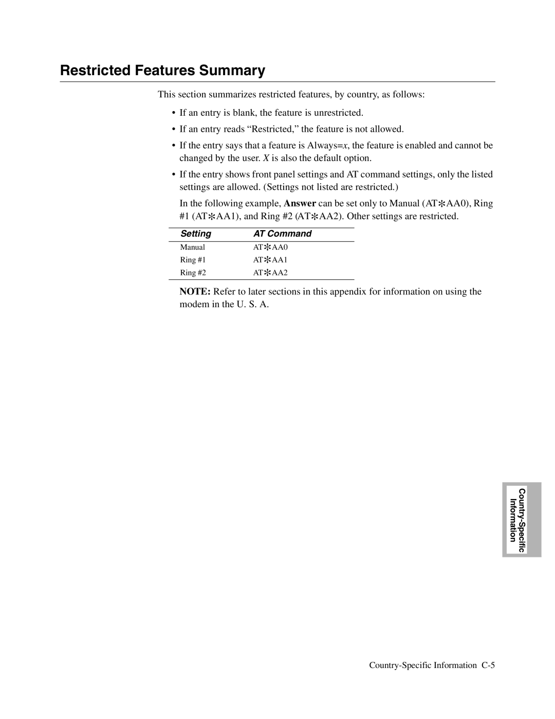 Telenetics V.32bis Series, V.34-SDC, 326X V.34 Restricted Features Summary, Setting AT Command, AT *AA0, AT *AA1, AT *AA2 