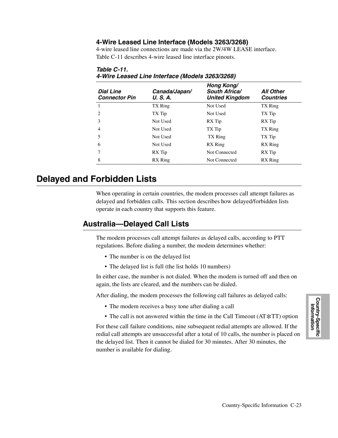 Telenetics V.32bis Series, V.34-SDC, 326X V.34 manual Delayed and Forbidden Lists, Australia-Delayed Call Lists 