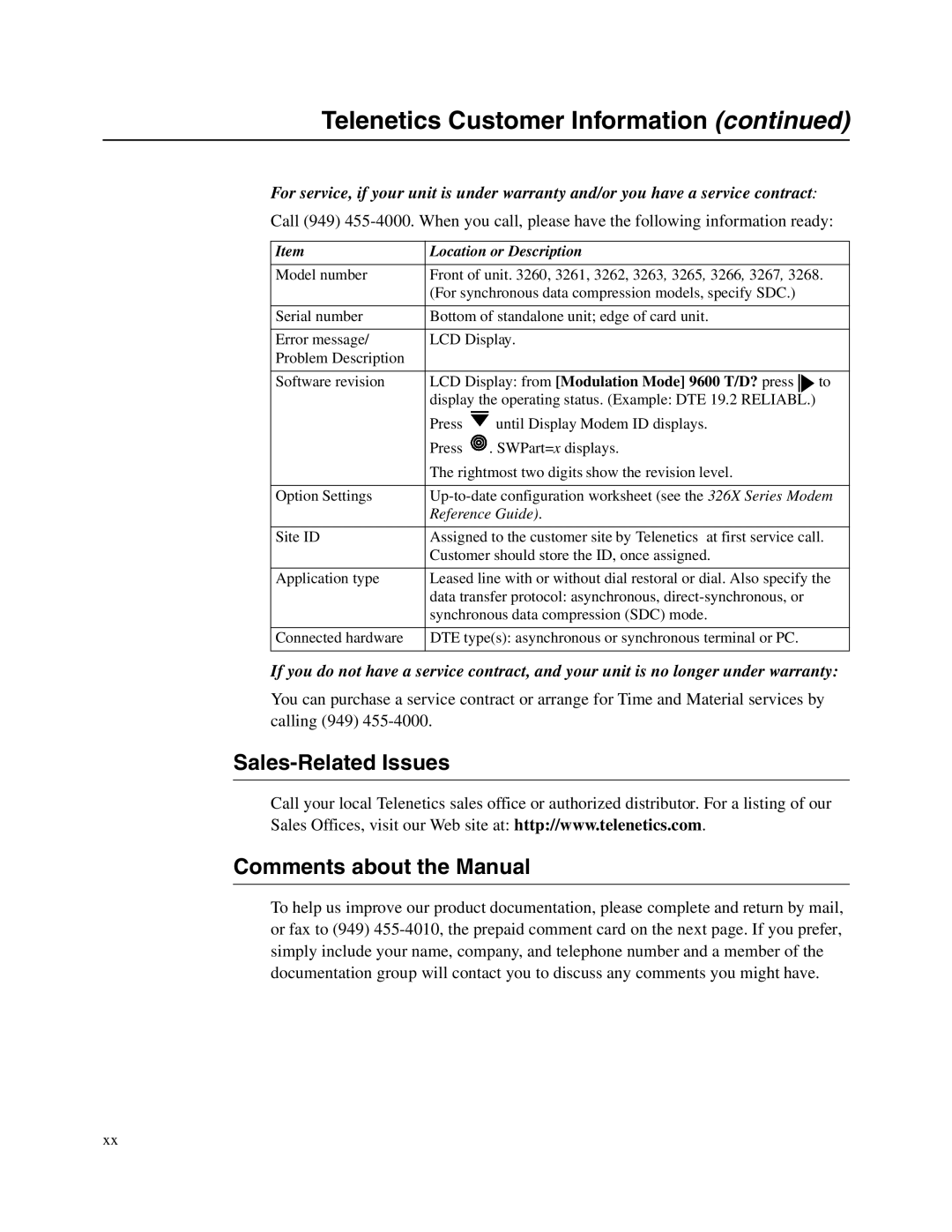 Telenetics V.32bis Series, V.34-SDC, 326X V.34 manual Sales-Related Issues Comments about the Manual, Location or Description 