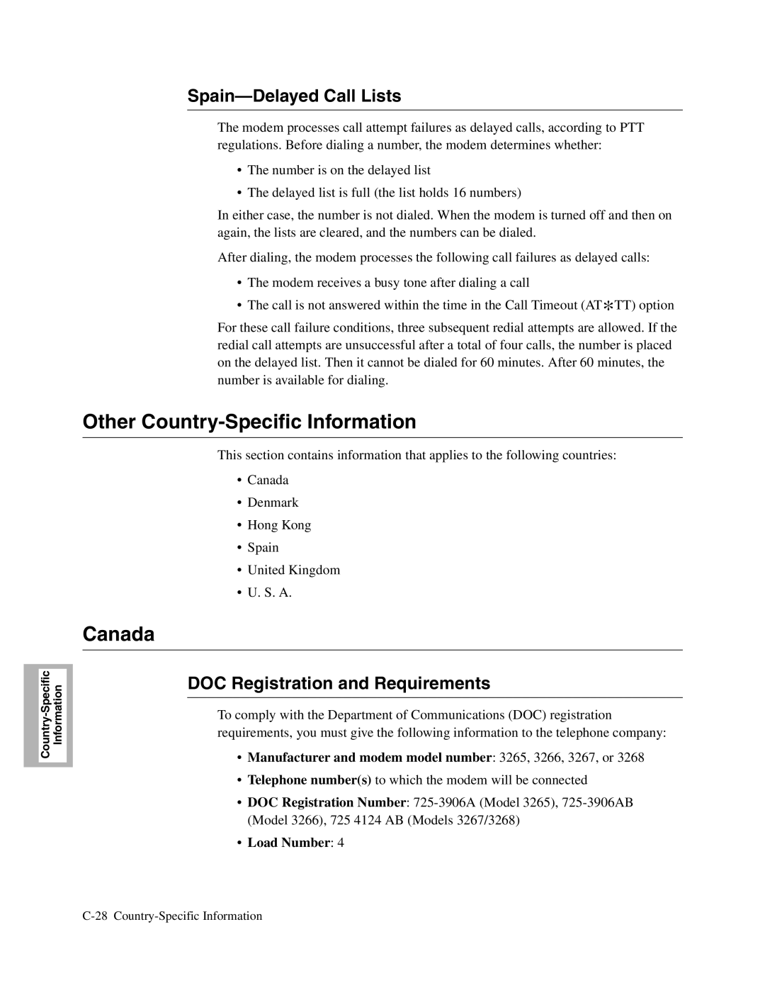 Telenetics 326X V.34, V.34-SDC, V.32bis Series manual Other Country-Specific Information, Canada, Spain-Delayed Call Lists 