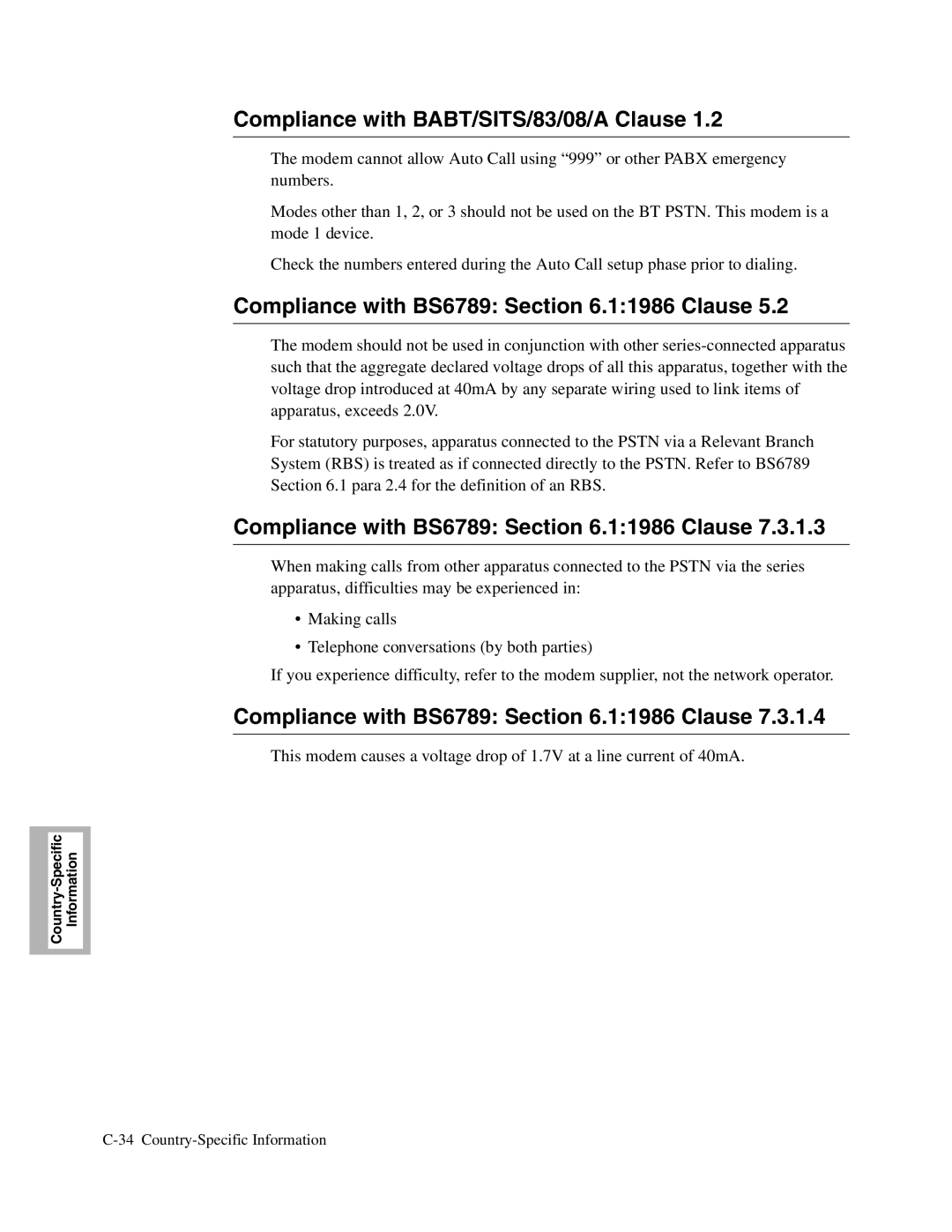 Telenetics 326X V.34, V.34-SDC manual Compliance with BABT/SITS/83/08/A Clause, Compliance with BS6789 .11986 Clause 