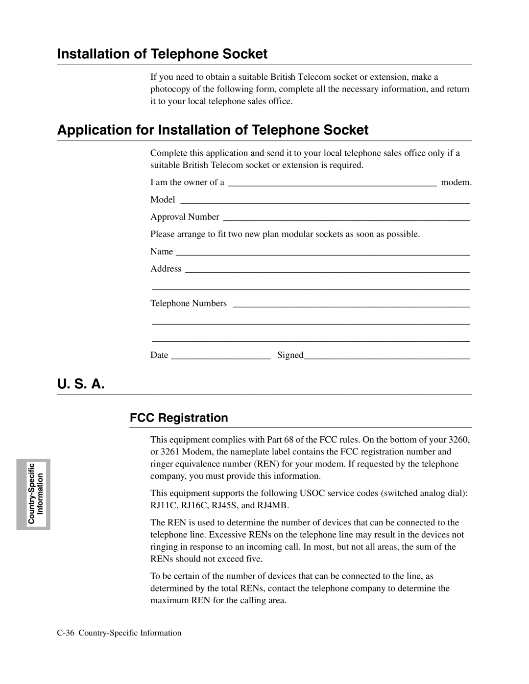 Telenetics V.34-SDC, 326X V.34, V.32bis Series manual Application for Installation of Telephone Socket, FCC Registration 