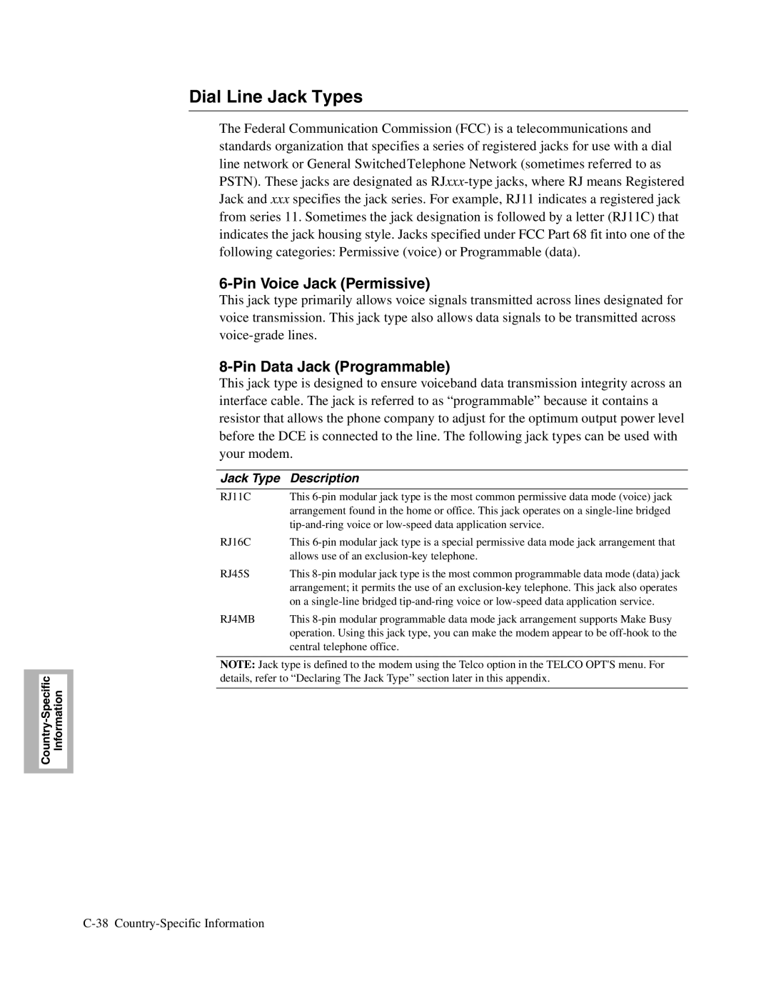 Telenetics V.32bis Series, V.34-SDC Dial Line Jack Types, Pin Voice Jack Permissive, Pin Data Jack Programmable, RJ11C 