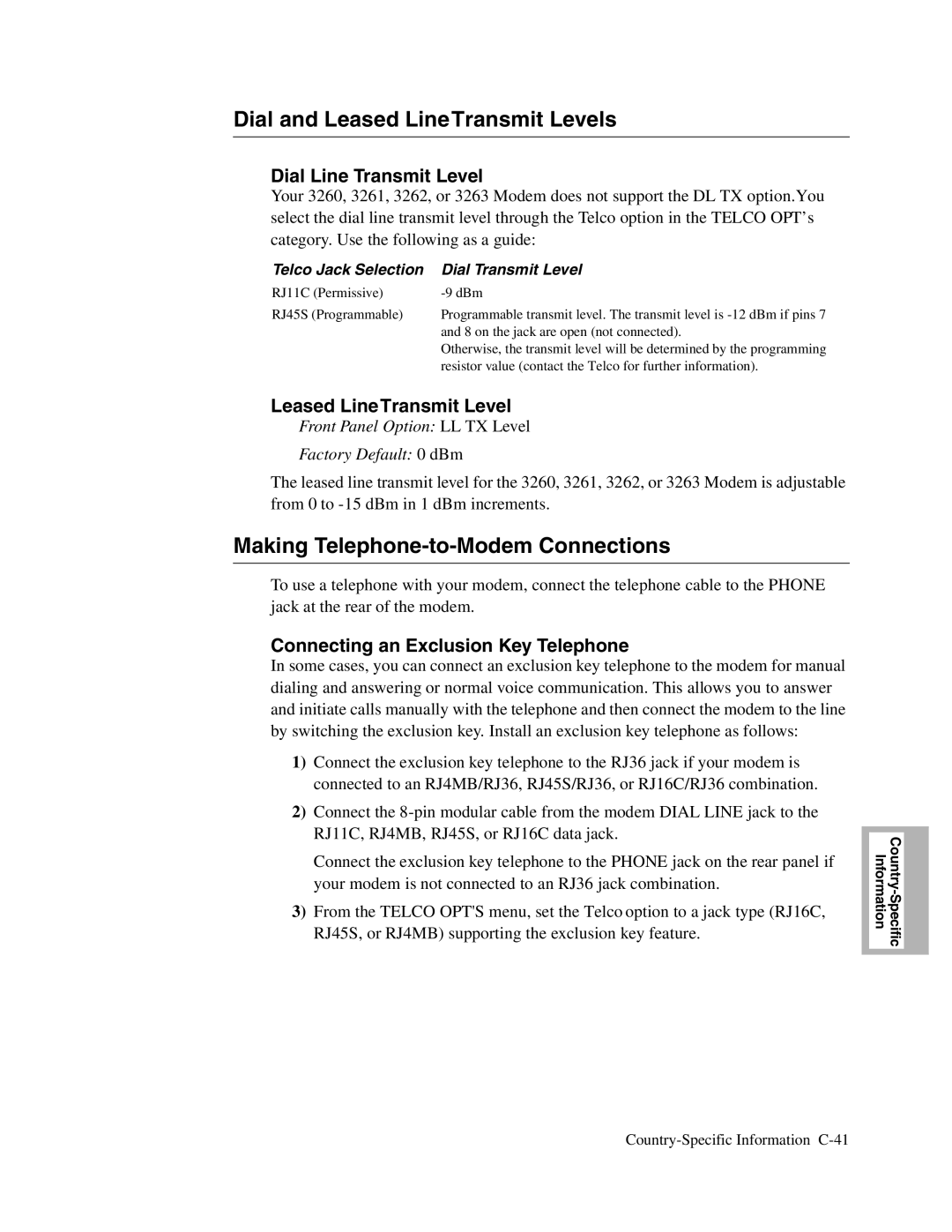 Telenetics V.32bis Series, V.34-SDC, 326X V.34 Dial and Leased LineTransmit Levels, Making Telephone-to-Modem Connections 