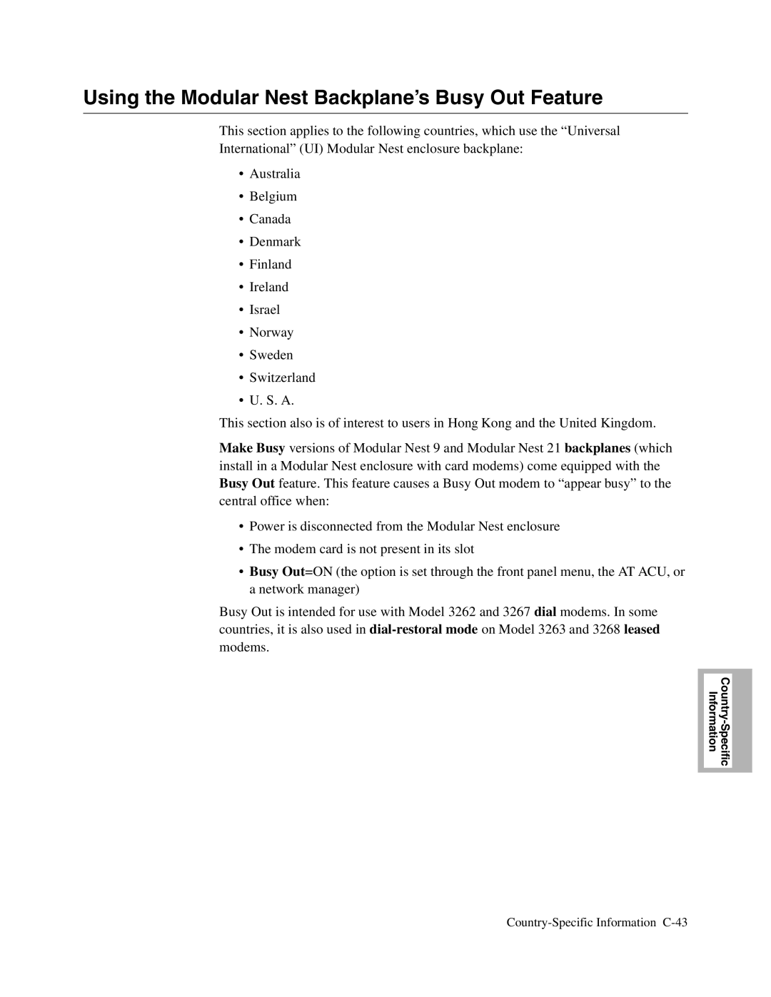 Telenetics 326X V.34, V.34-SDC, V.32bis Series manual Using the Modular Nest Backplane’s Busy Out Feature 