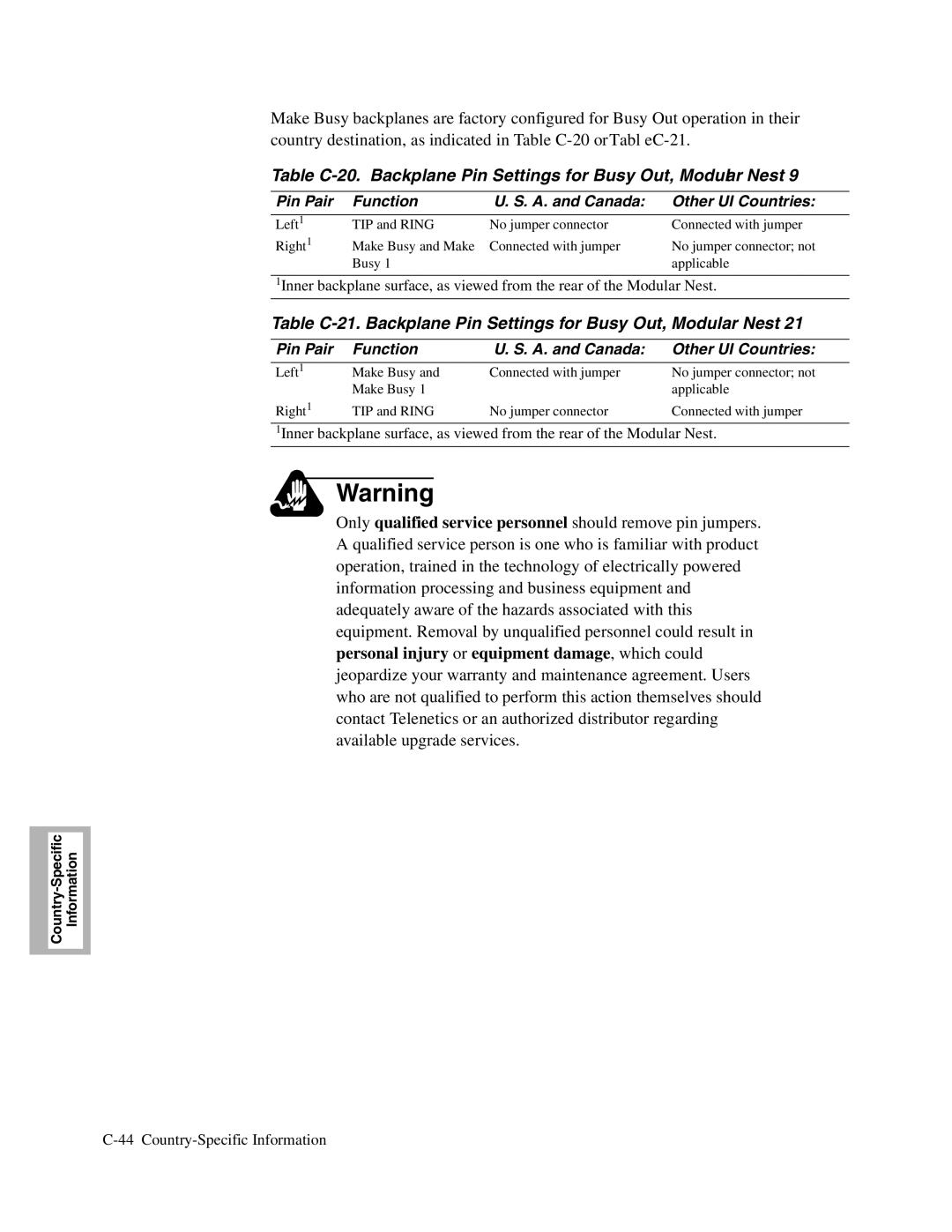 Telenetics V.32bis Series, V.34-SDC, 326X V.34 manual Pin Pair Function A. and Canada Other UI Countries 