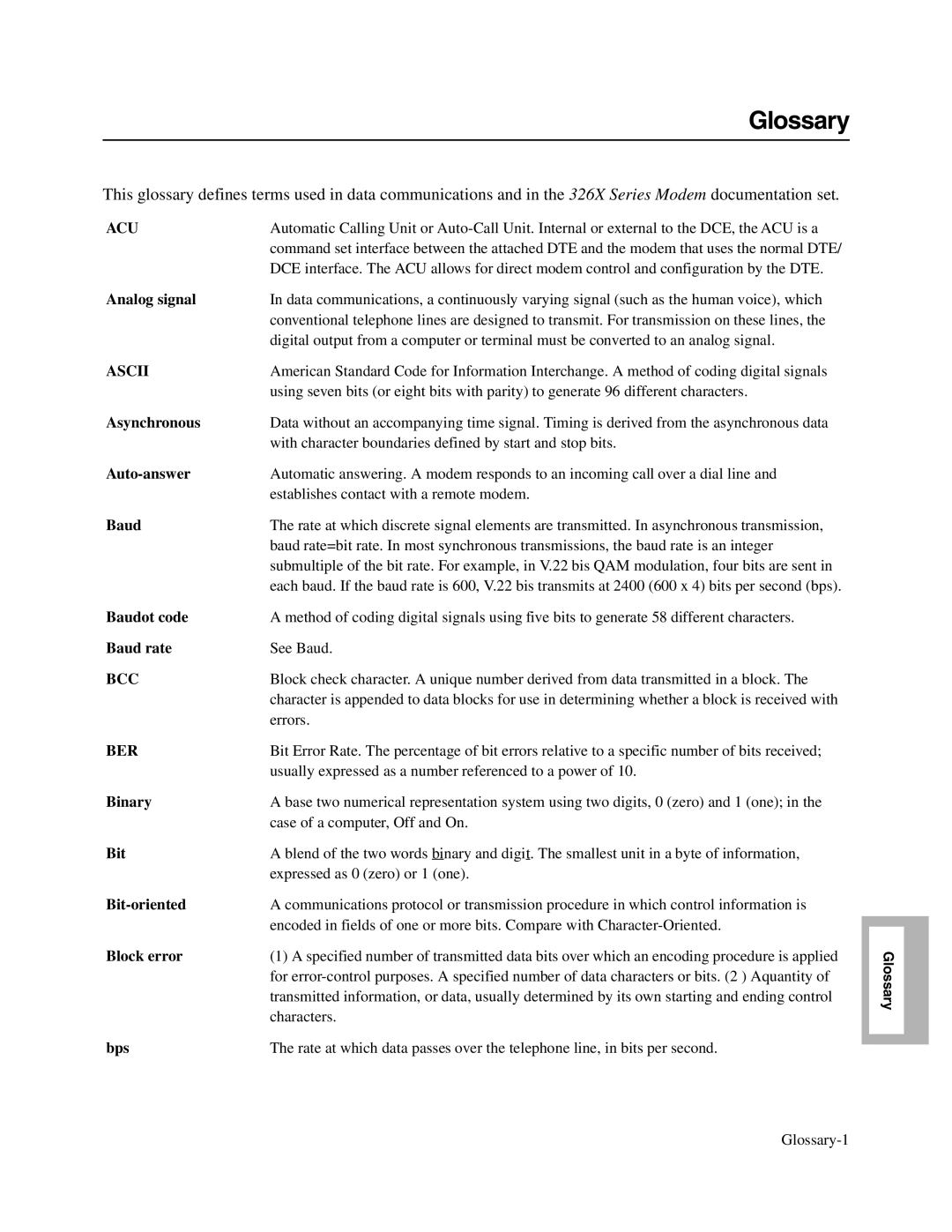 Telenetics V.32bis Series, V.34-SDC, 326X V.34 manual Glossary, Acu 