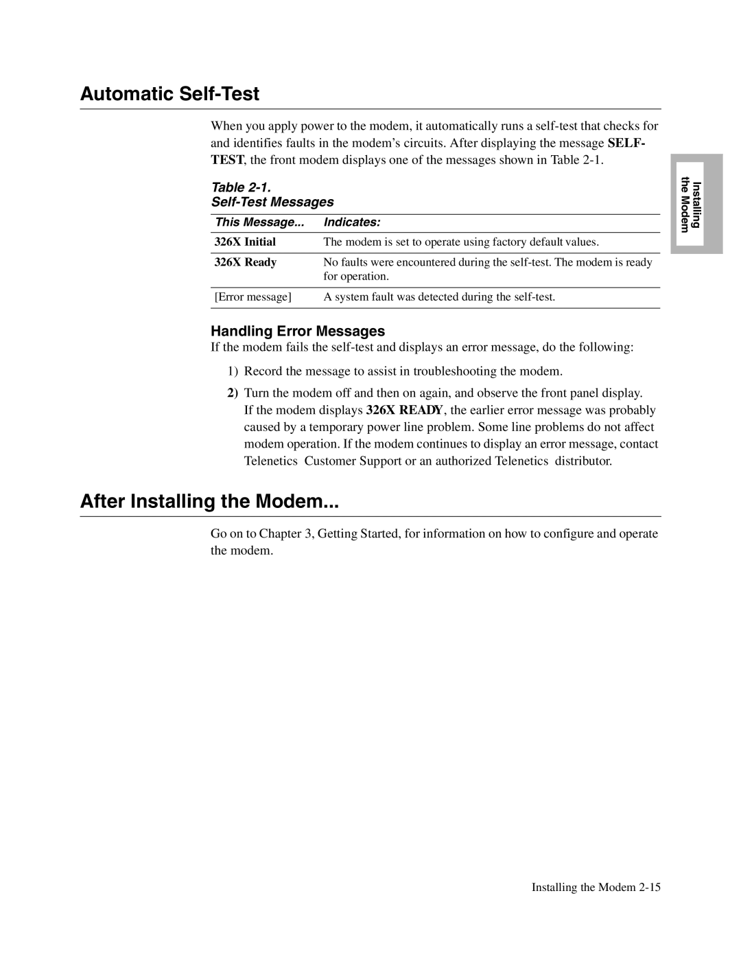 Telenetics V.34-SDC manual Automatic Self-Test, After Installing the Modem, Handling Error Messages, Self-Test Messages 