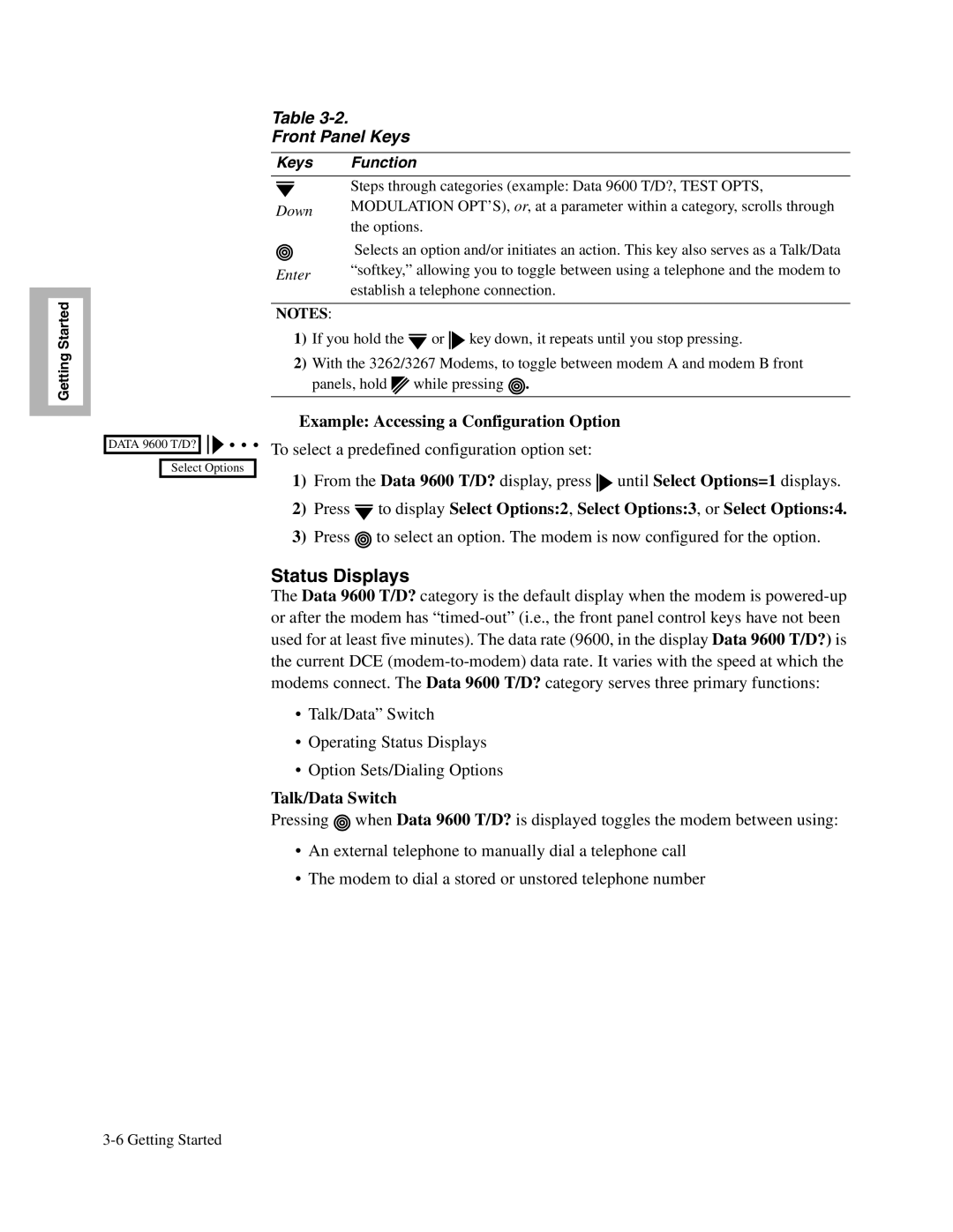 Telenetics 326X V.34, V.34-SDC, V.32bis Series Status Displays, Example Accessing a Configuration Option, Talk/Data Switch 