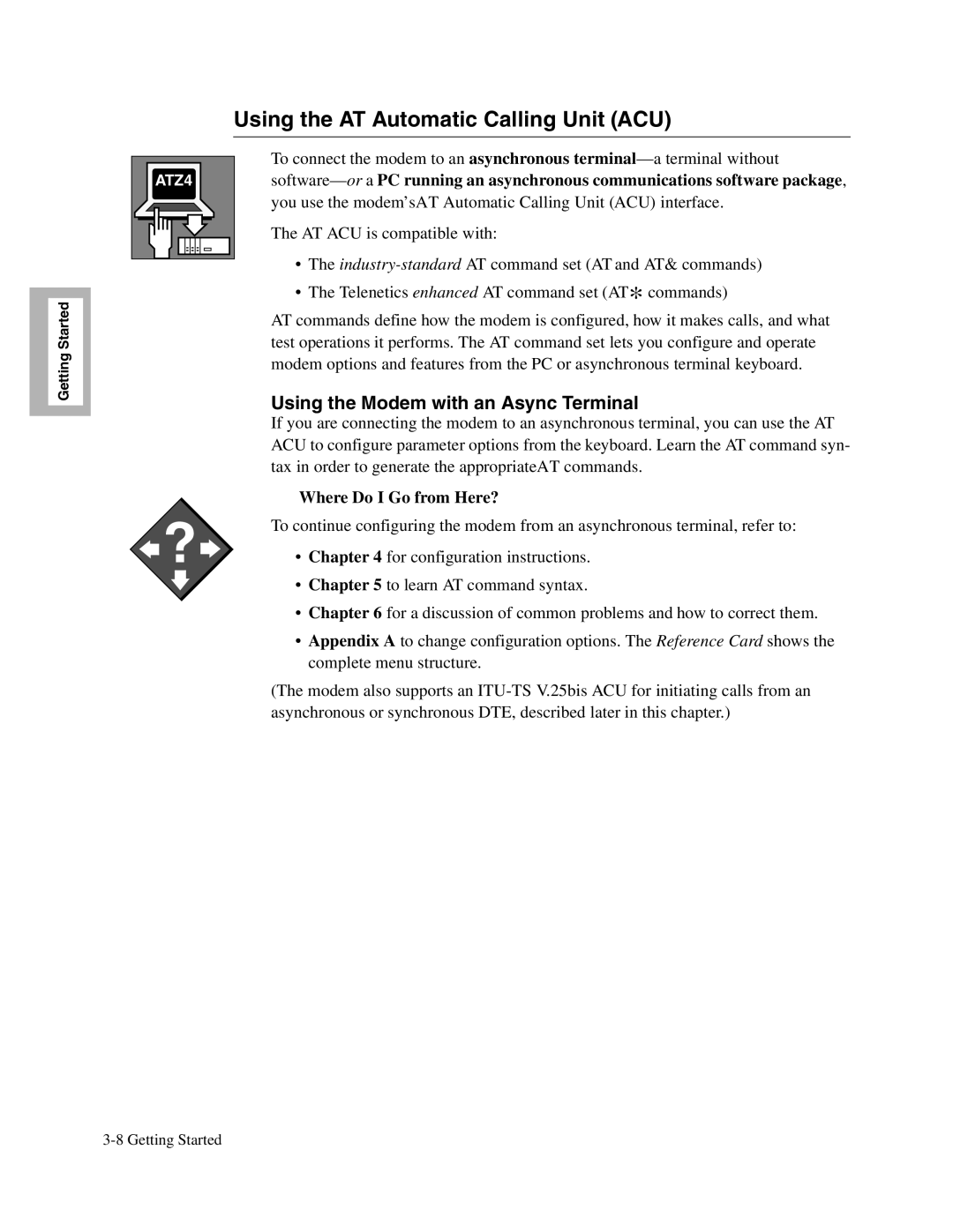 Telenetics V.34-SDC, 326X V.34 manual Using the AT Automatic Calling Unit ACU, Using the Modem with an Async Terminal 