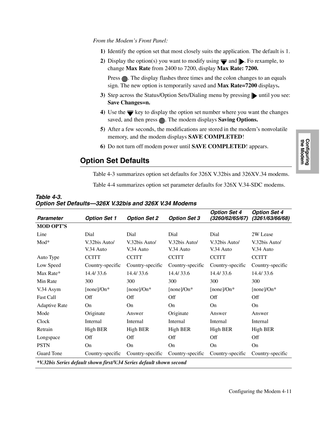 Telenetics V.34-SDC, V.32bis Series manual Save Changes=n, Option Set Defaults-326X V.32bis and 326X V.34 Modems 