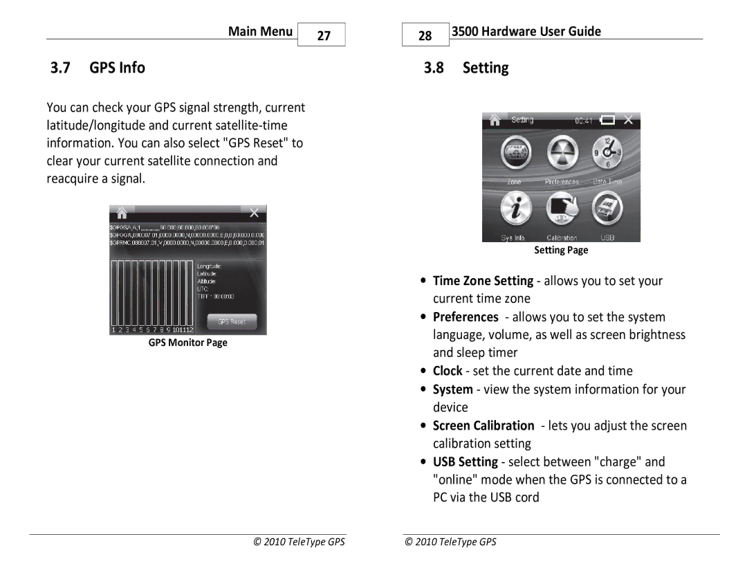 TeleType Company manual GPS Info, Setting, 28 3500 Hardware User Guide 