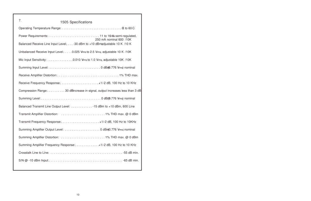 Telex 1505 service manual Specifications 